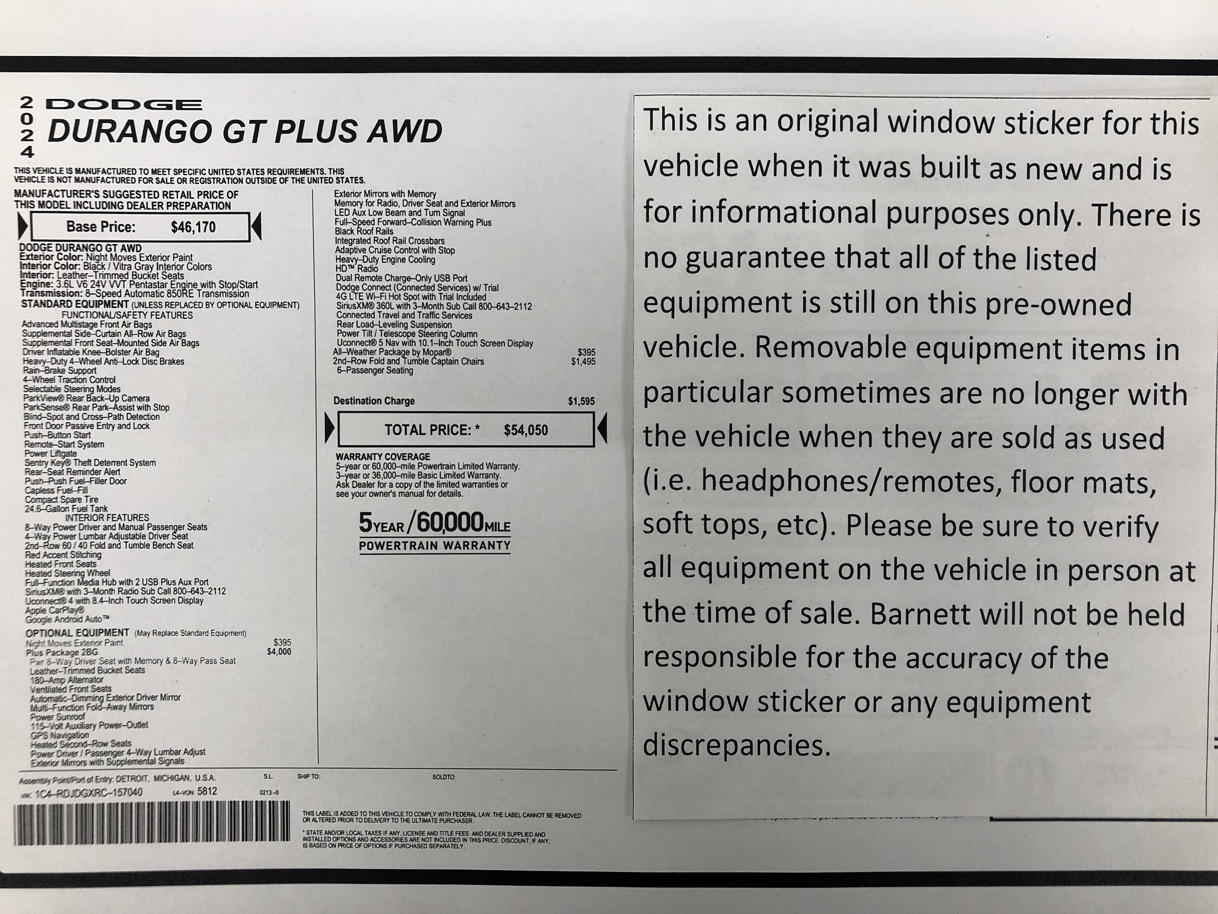 Used 2024 Dodge Durango GT with VIN 1C4RDJDGXRC157040 for sale in White Bear Lake, Minnesota