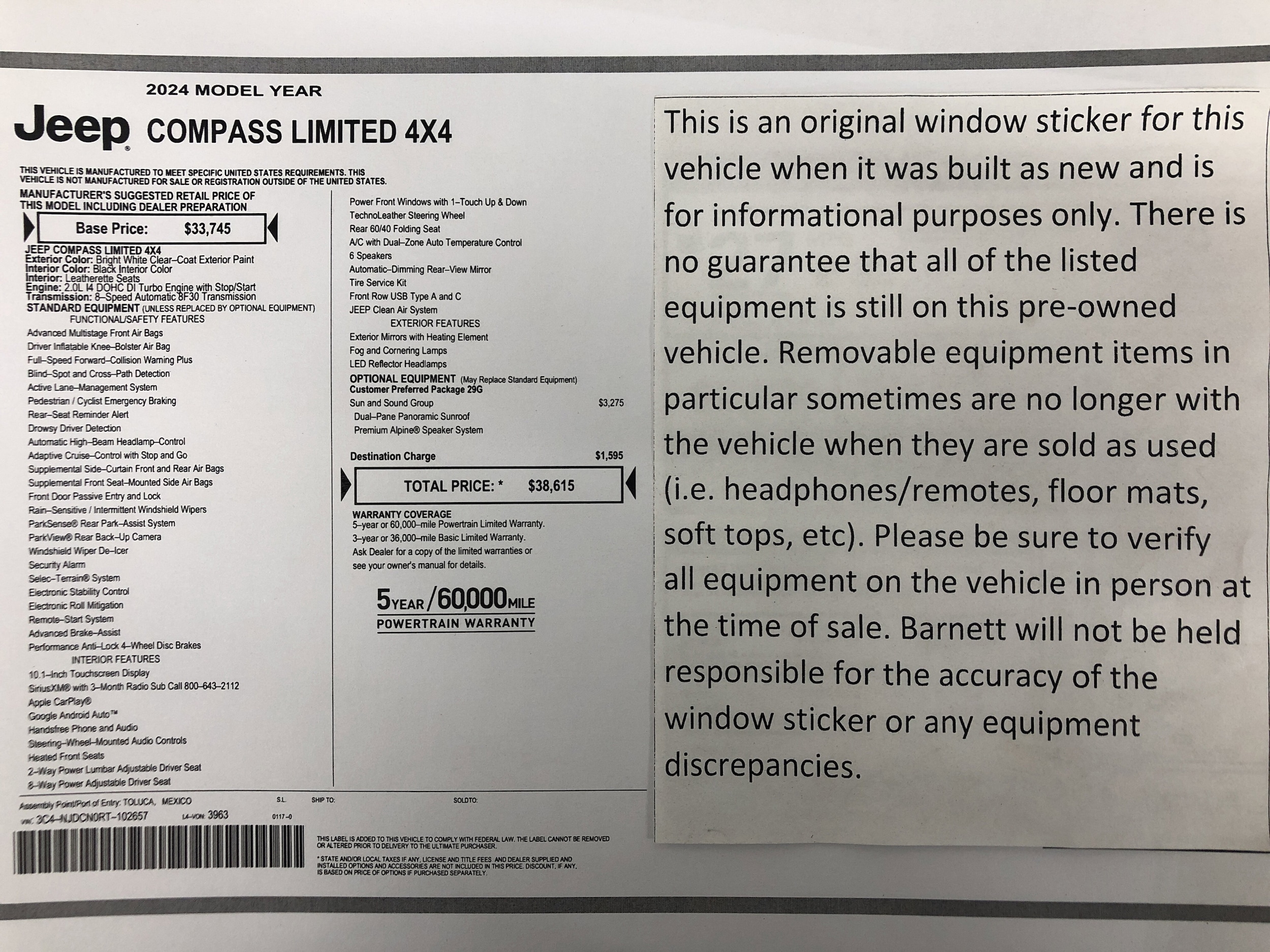 Certified 2024 Jeep Compass Limited with VIN 3C4NJDCN0RT102657 for sale in White Bear Lake, Minnesota