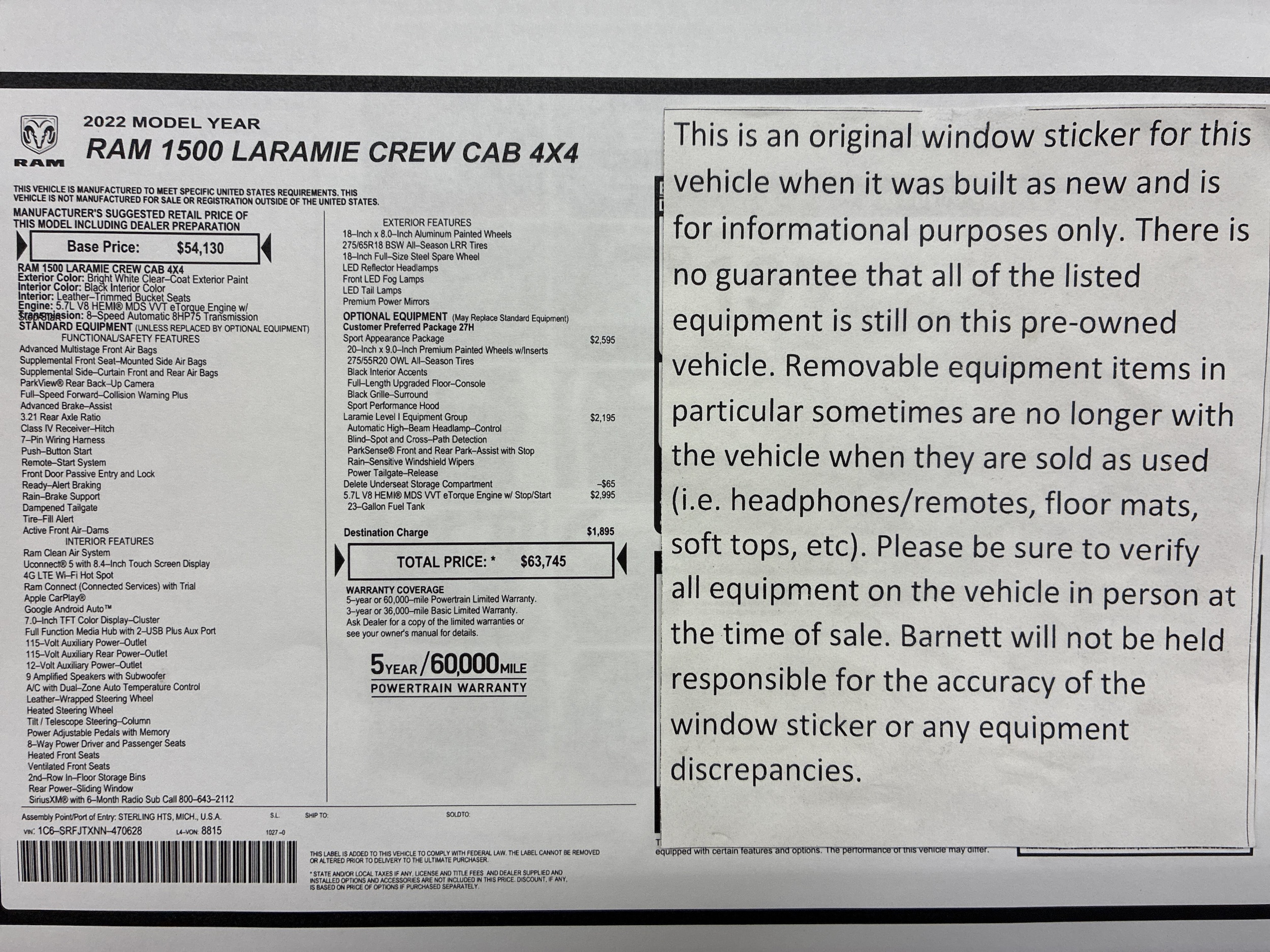 Certified 2022 RAM Ram 1500 Pickup Laramie with VIN 1C6SRFJTXNN470628 for sale in White Bear Township, Minnesota