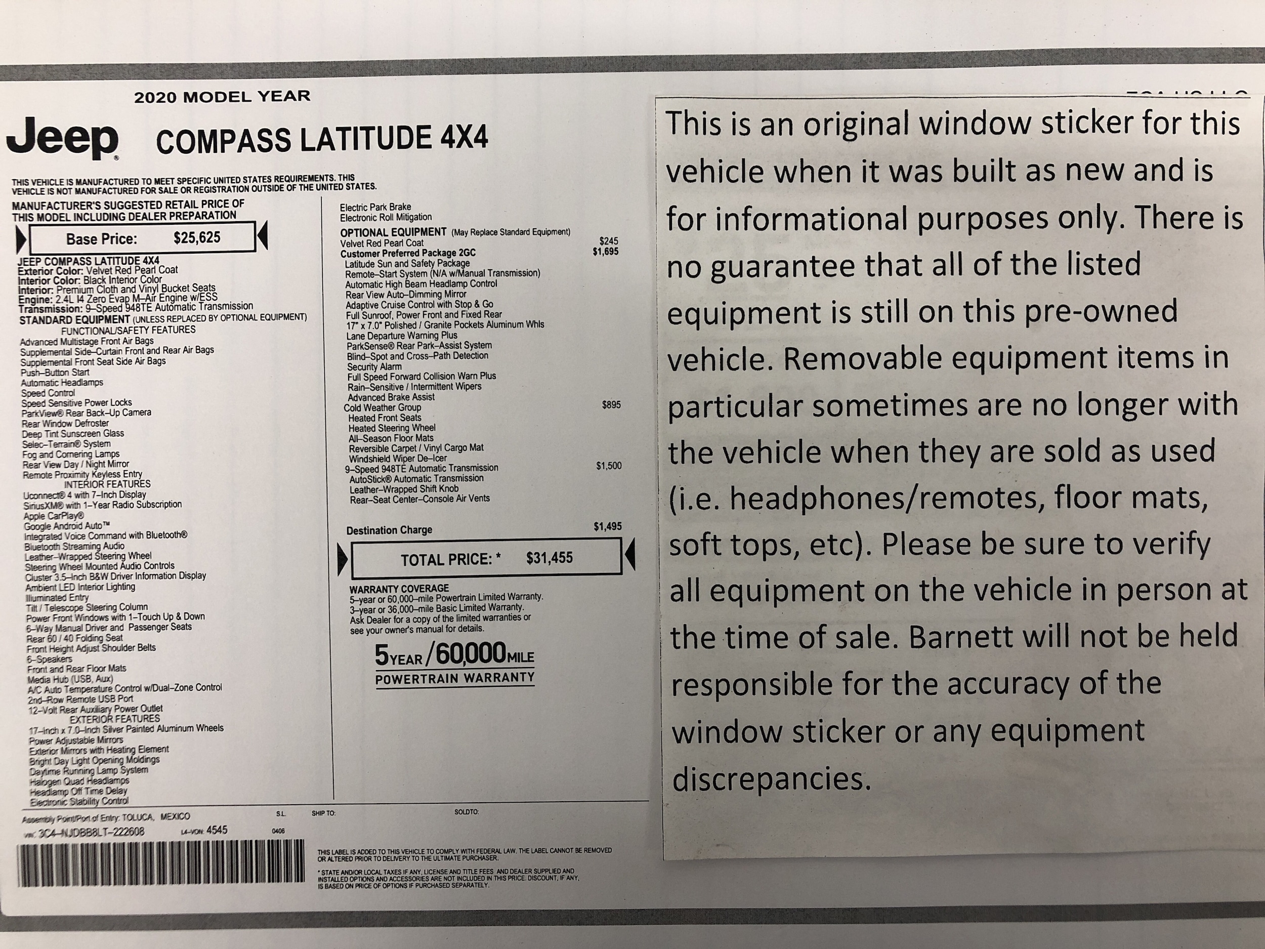 Used 2020 Jeep Compass Sun & Safety with VIN 3C4NJDBB8LT222608 for sale in White Bear Township, Minnesota