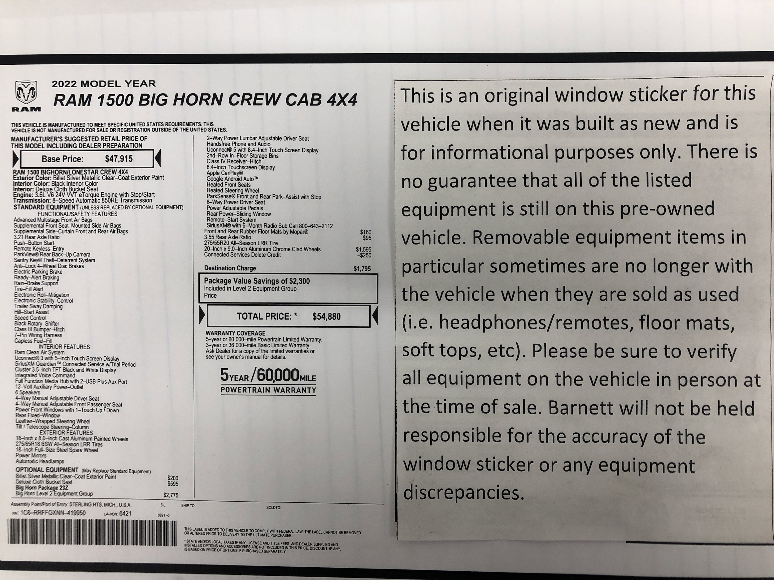 Certified 2022 RAM Ram 1500 Pickup Big Horn/Lone Star with VIN 1C6RRFFGXNN419950 for sale in White Bear Lake, Minnesota