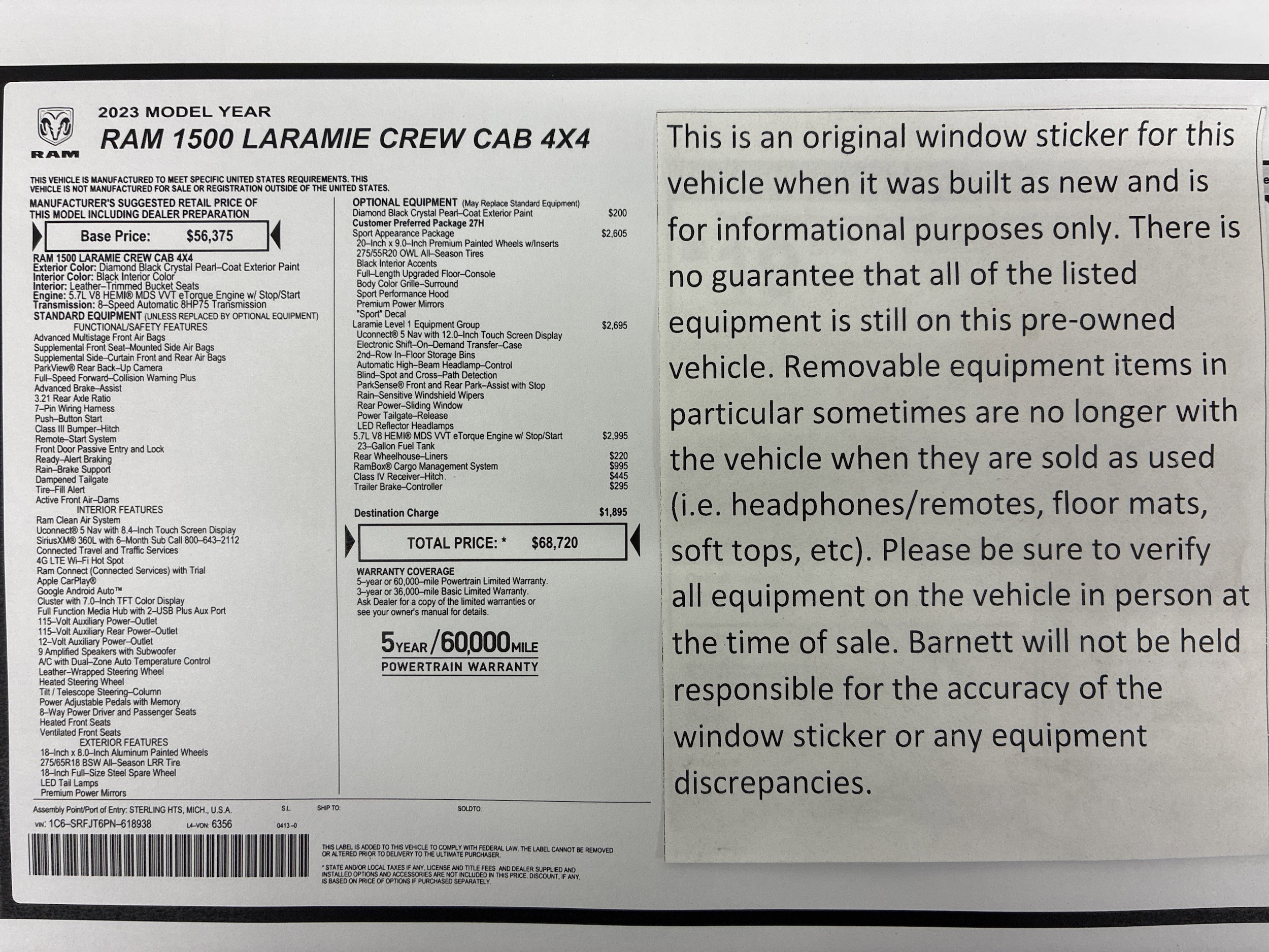 Certified 2023 RAM Ram 1500 Pickup Laramie with VIN 1C6SRFJT6PN618938 for sale in White Bear Lake, Minnesota
