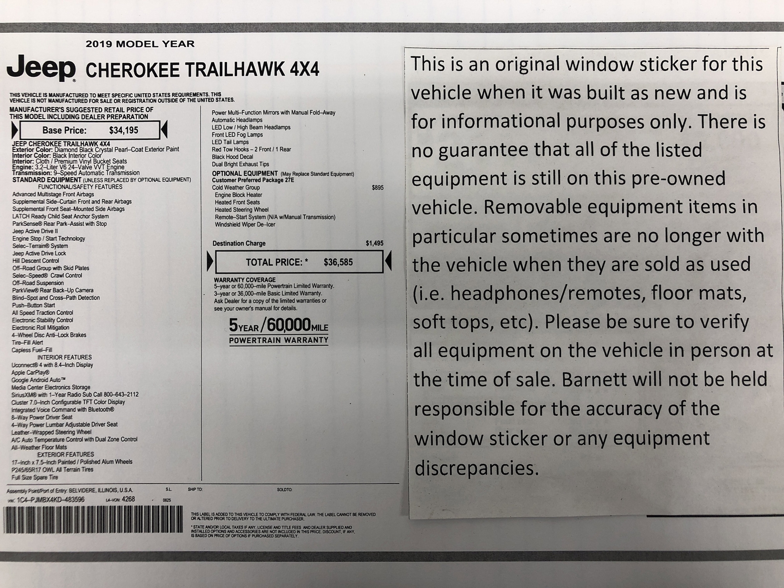 Used 2019 Jeep Cherokee Trailhawk with VIN 1C4PJMBX4KD483596 for sale in White Bear Lake, Minnesota