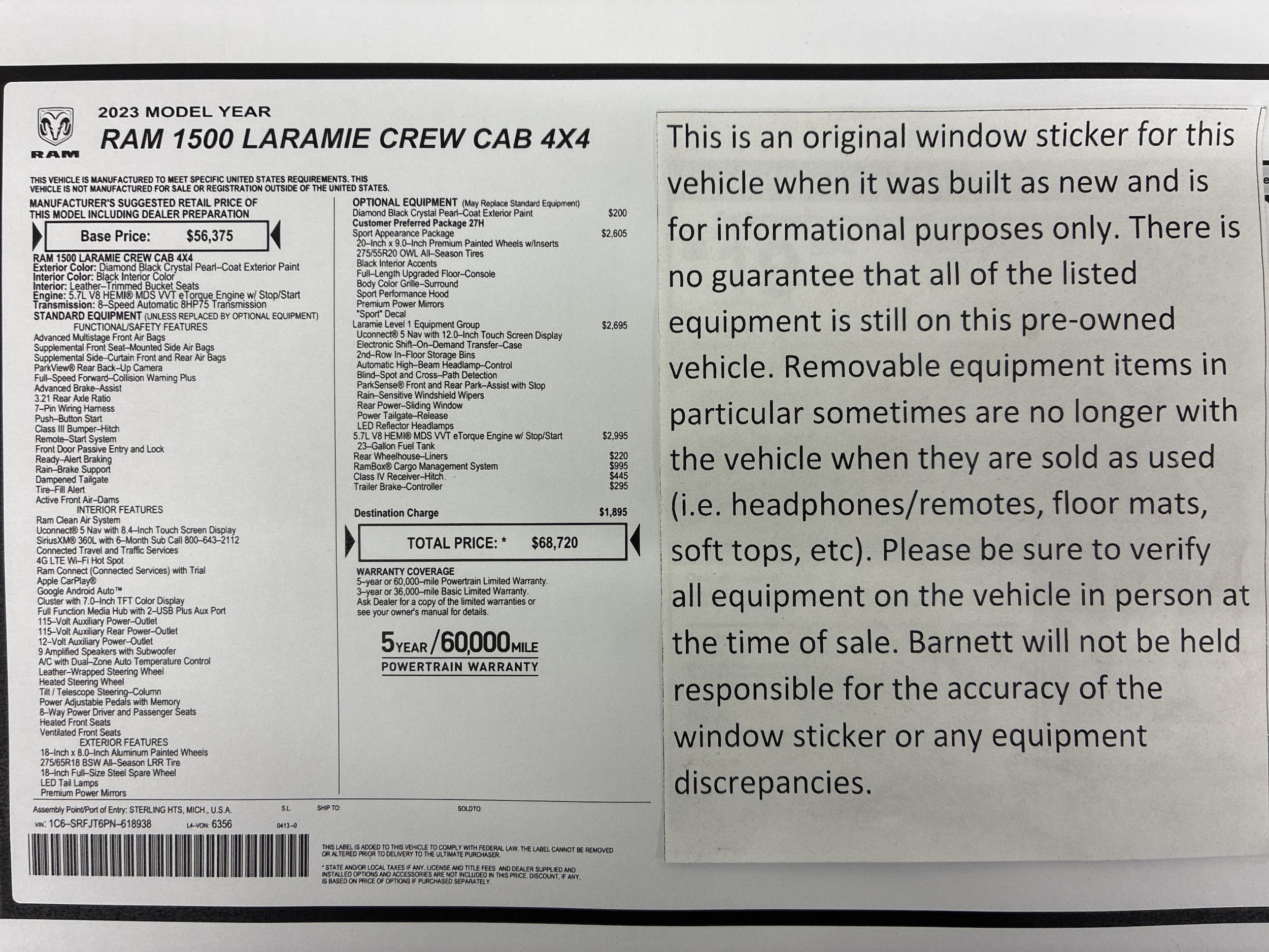 Certified 2023 RAM Ram 1500 Pickup Laramie with VIN 1C6SRFJT6PN618938 for sale in White Bear Township, Minnesota