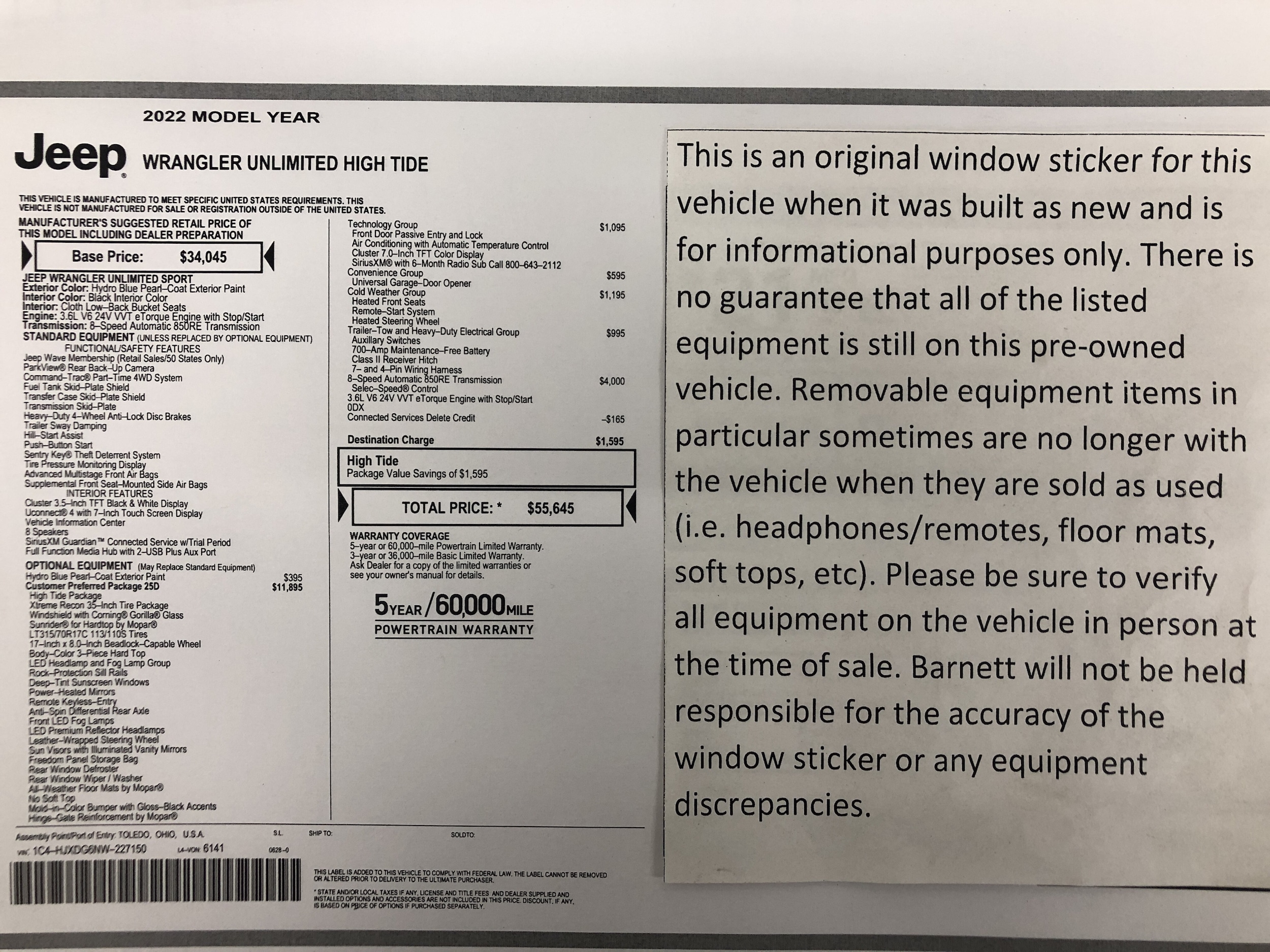 Certified 2022 Jeep Wrangler Unlimited High Tide with VIN 1C4HJXDG6NW227150 for sale in White Bear Township, Minnesota