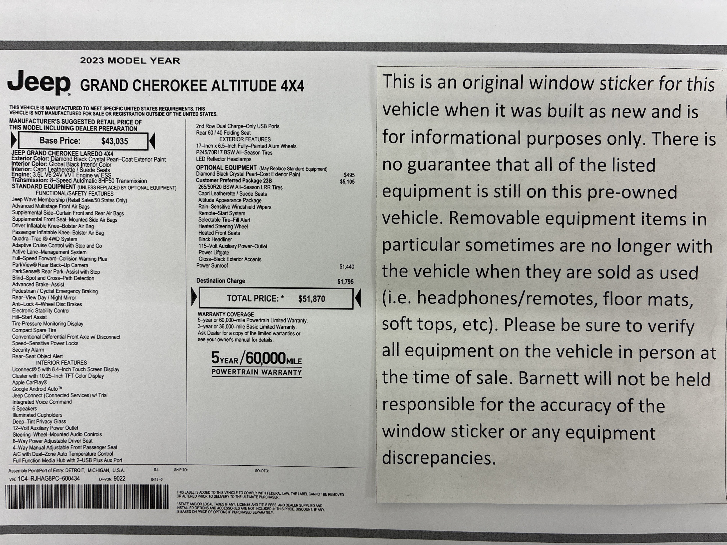 Certified 2023 Jeep Grand Cherokee Altitude with VIN 1C4RJHAG8PC600434 for sale in White Bear Township, Minnesota