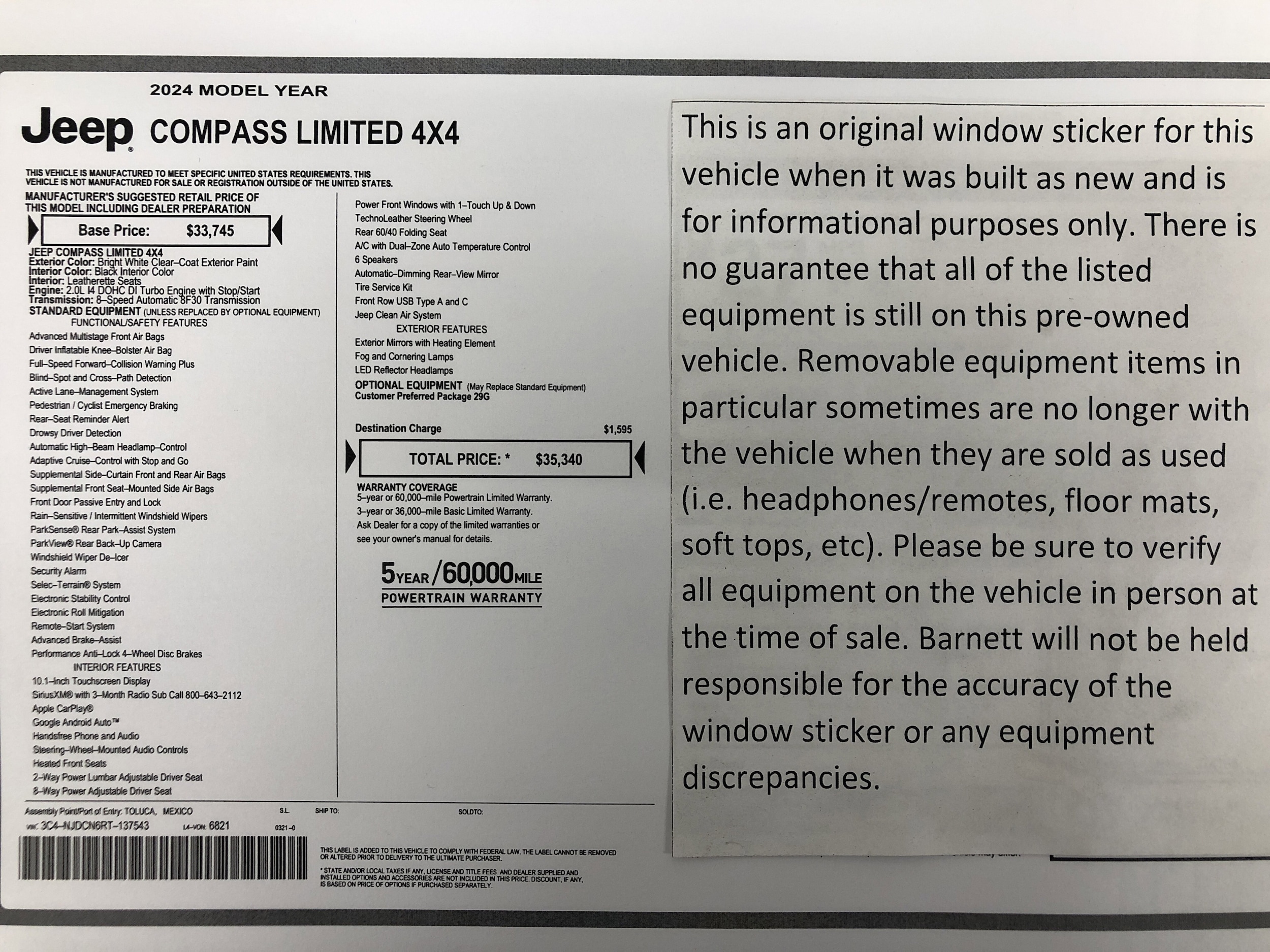Certified 2024 Jeep Compass Limited with VIN 3C4NJDCN6RT137543 for sale in White Bear Lake, Minnesota