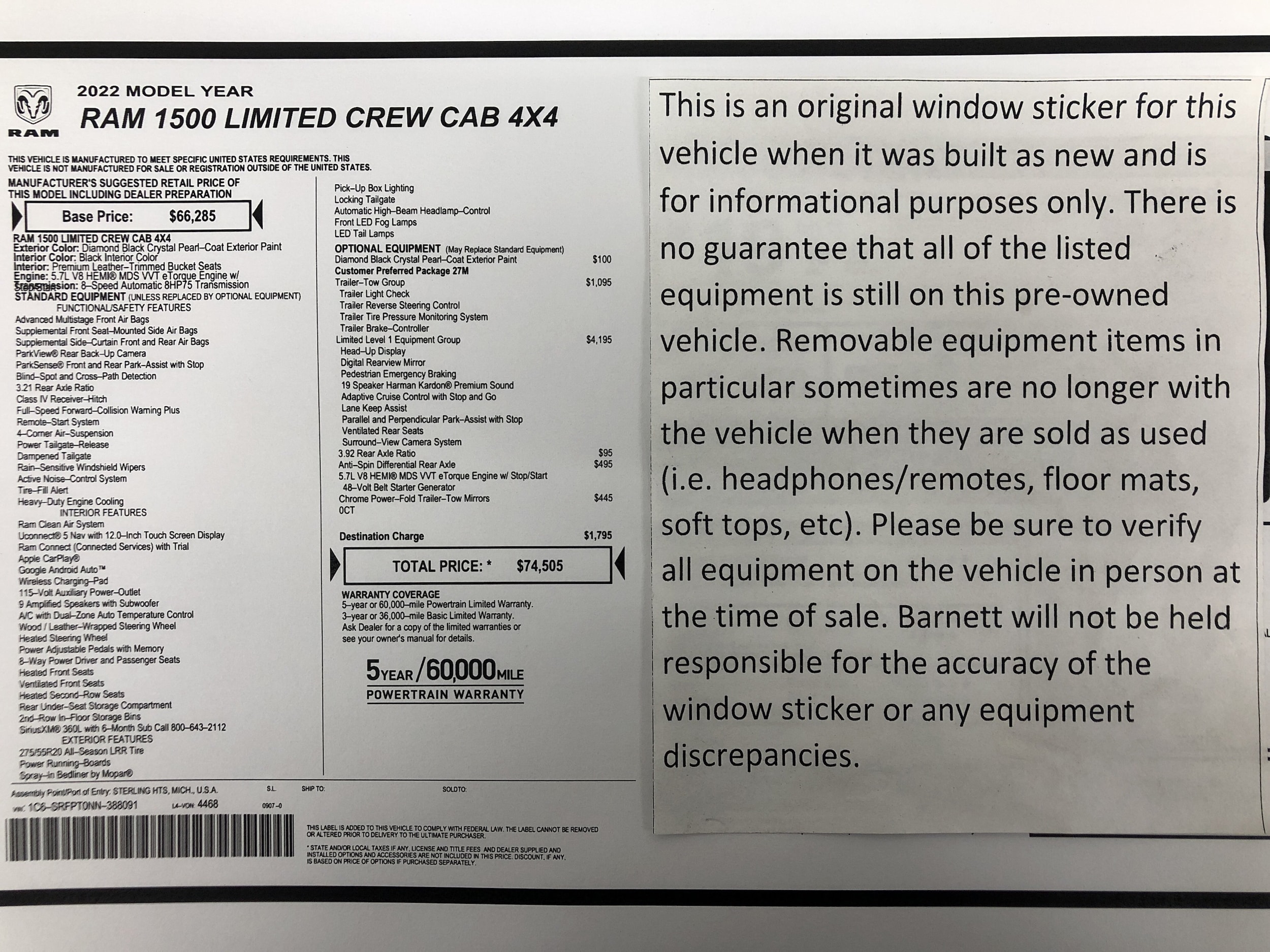 Used 2022 RAM Ram 1500 Pickup Limited with VIN 1C6SRFPT0NN388091 for sale in White Bear Township, Minnesota