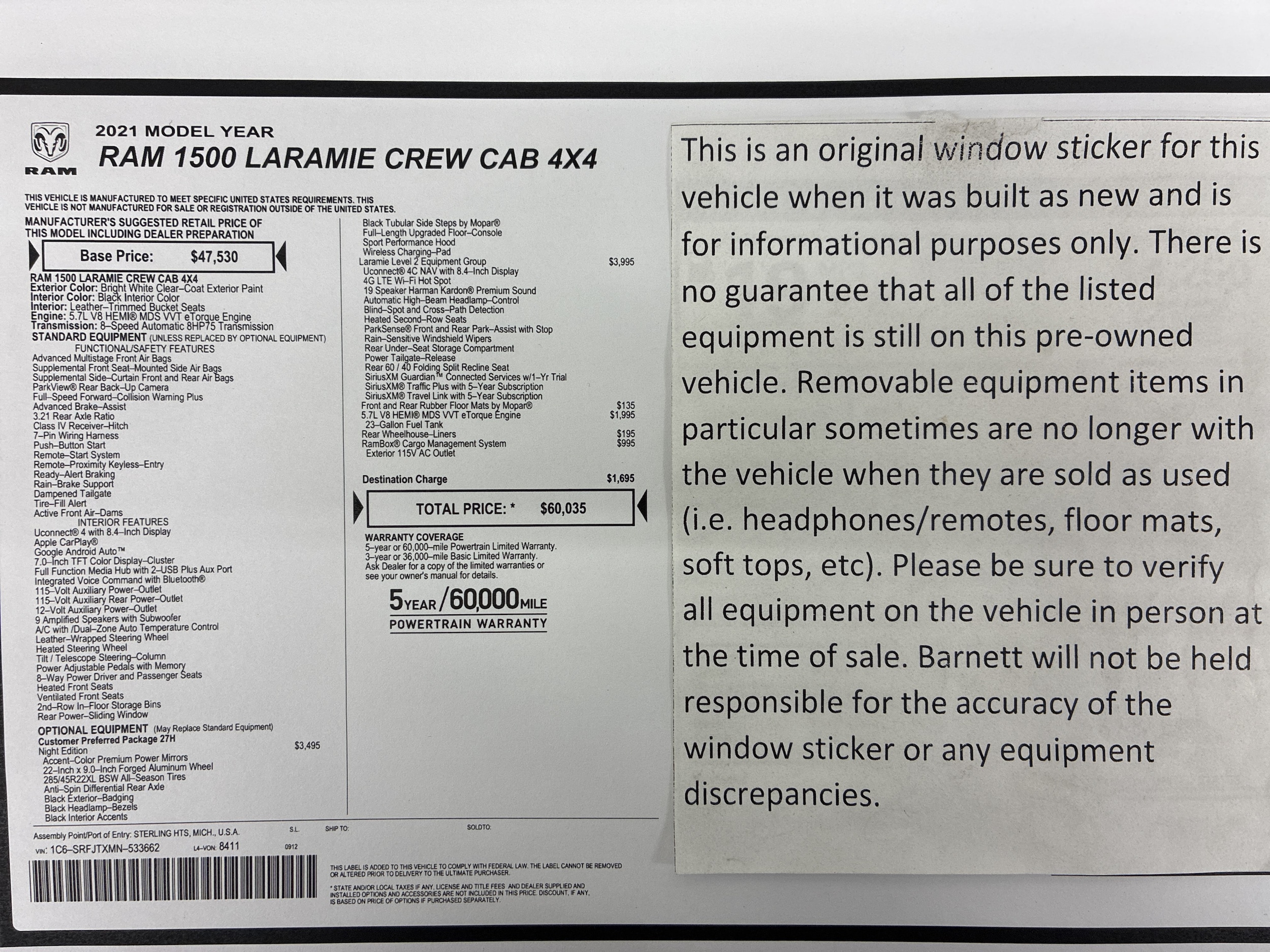 Used 2021 RAM Ram 1500 Pickup Laramie with VIN 1C6SRFJTXMN533662 for sale in Saint Paul, Minnesota