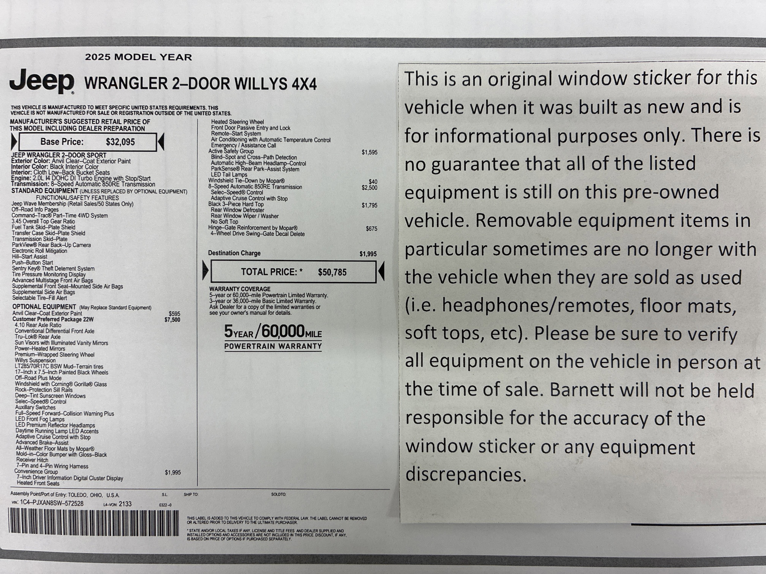 Used 2025 Jeep Wrangler 2-Door Willys with VIN 1C4PJXAN8SW572528 for sale in White Bear Lake, Minnesota