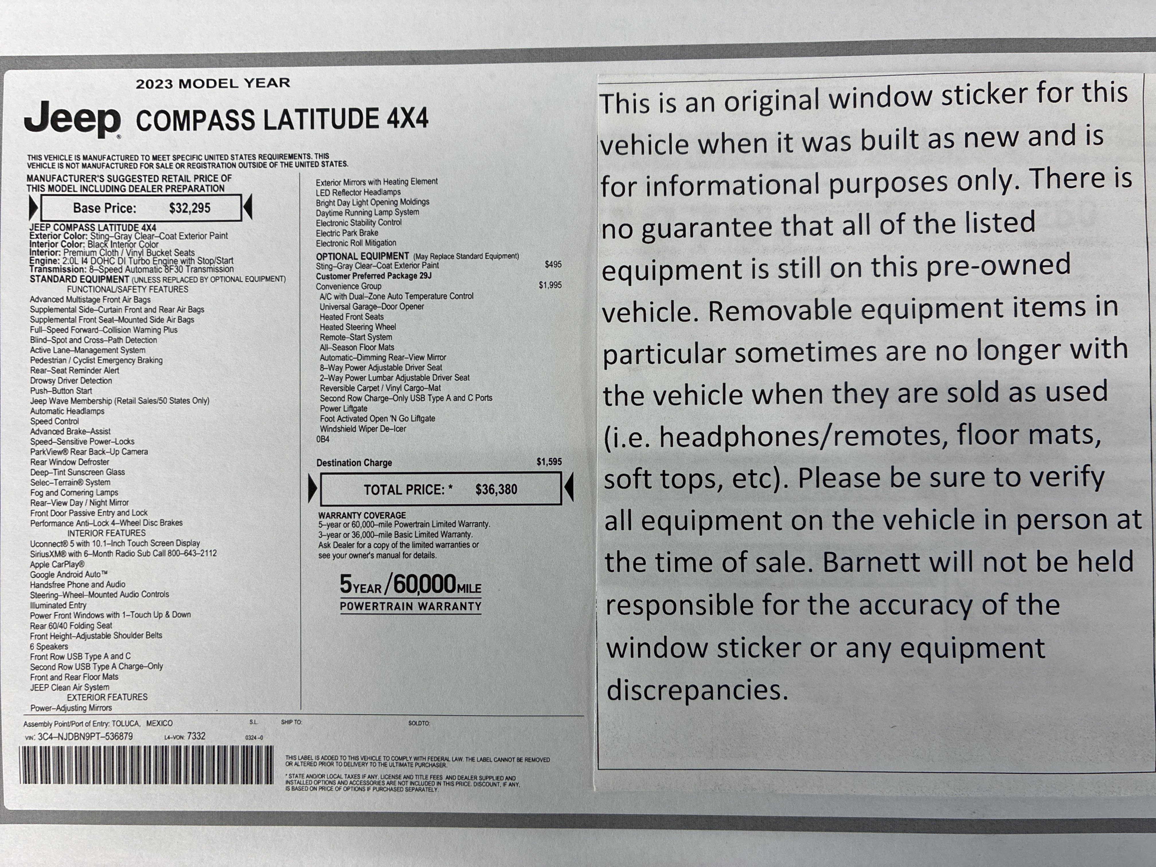 Certified 2023 Jeep Compass Latitude with VIN 3C4NJDBN9PT536879 for sale in White Bear Lake, Minnesota
