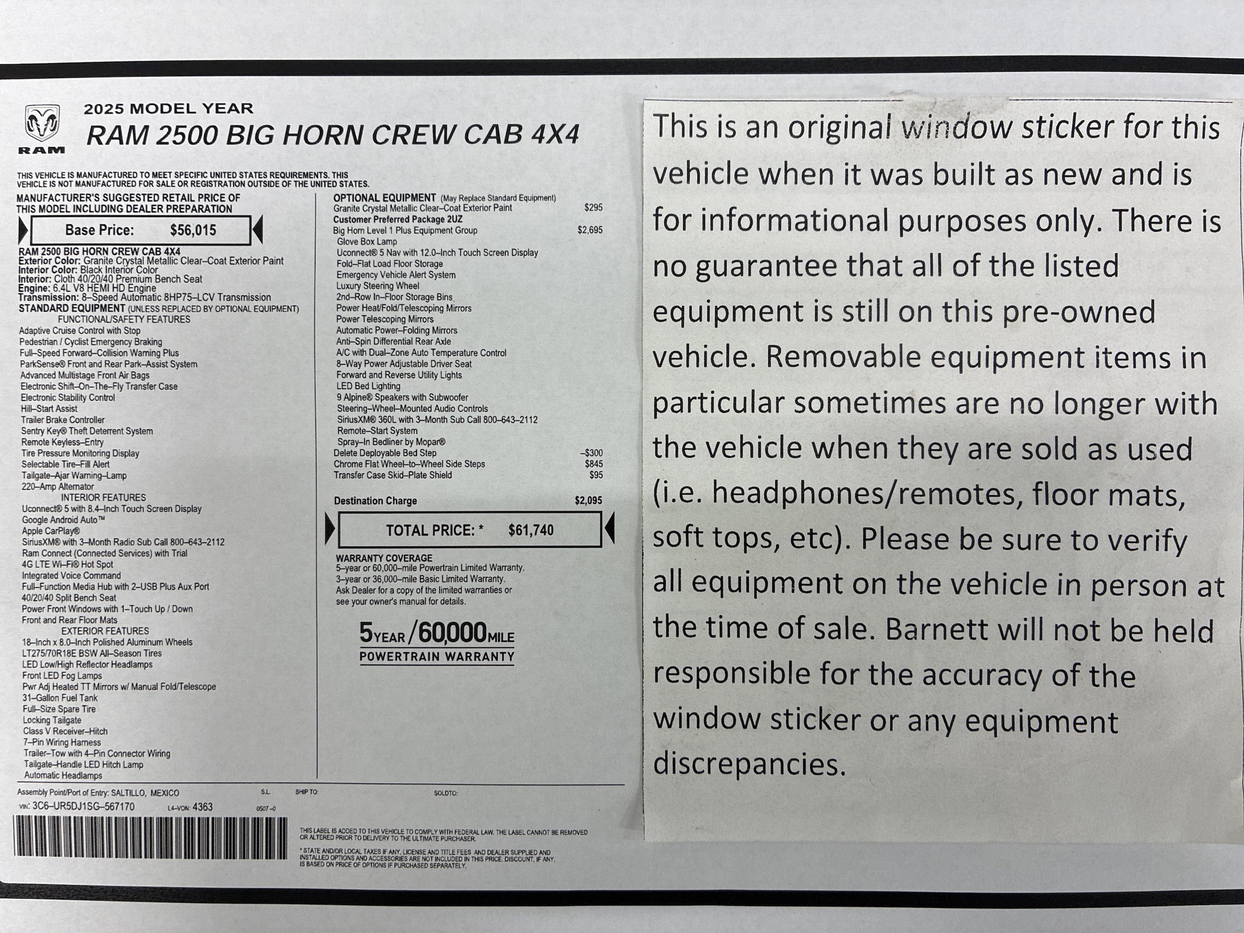 Certified 2025 RAM Ram 2500 Pickup Big Horn with VIN 3C6UR5DJ1SG567170 for sale in White Bear Township, Minnesota