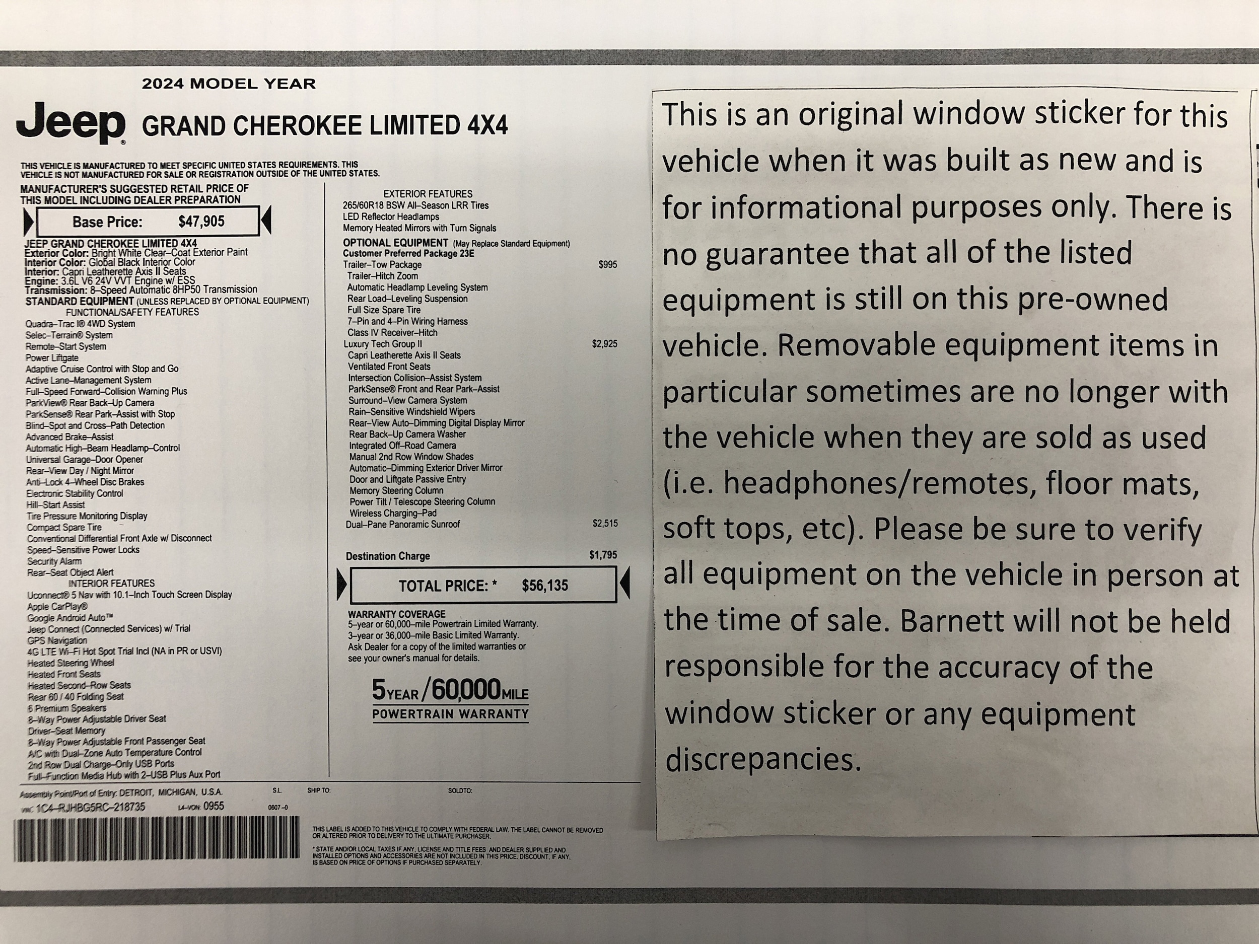 Certified 2024 Jeep Grand Cherokee Limited with VIN 1C4RJHBG5RC218735 for sale in White Bear Lake, Minnesota
