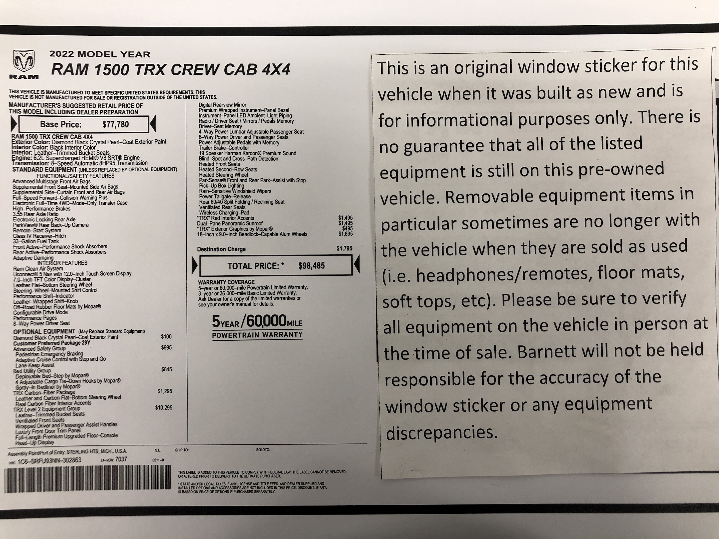 Used 2022 RAM Ram 1500 Pickup TRX with VIN 1C6SRFU93NN302863 for sale in White Bear Lake, Minnesota