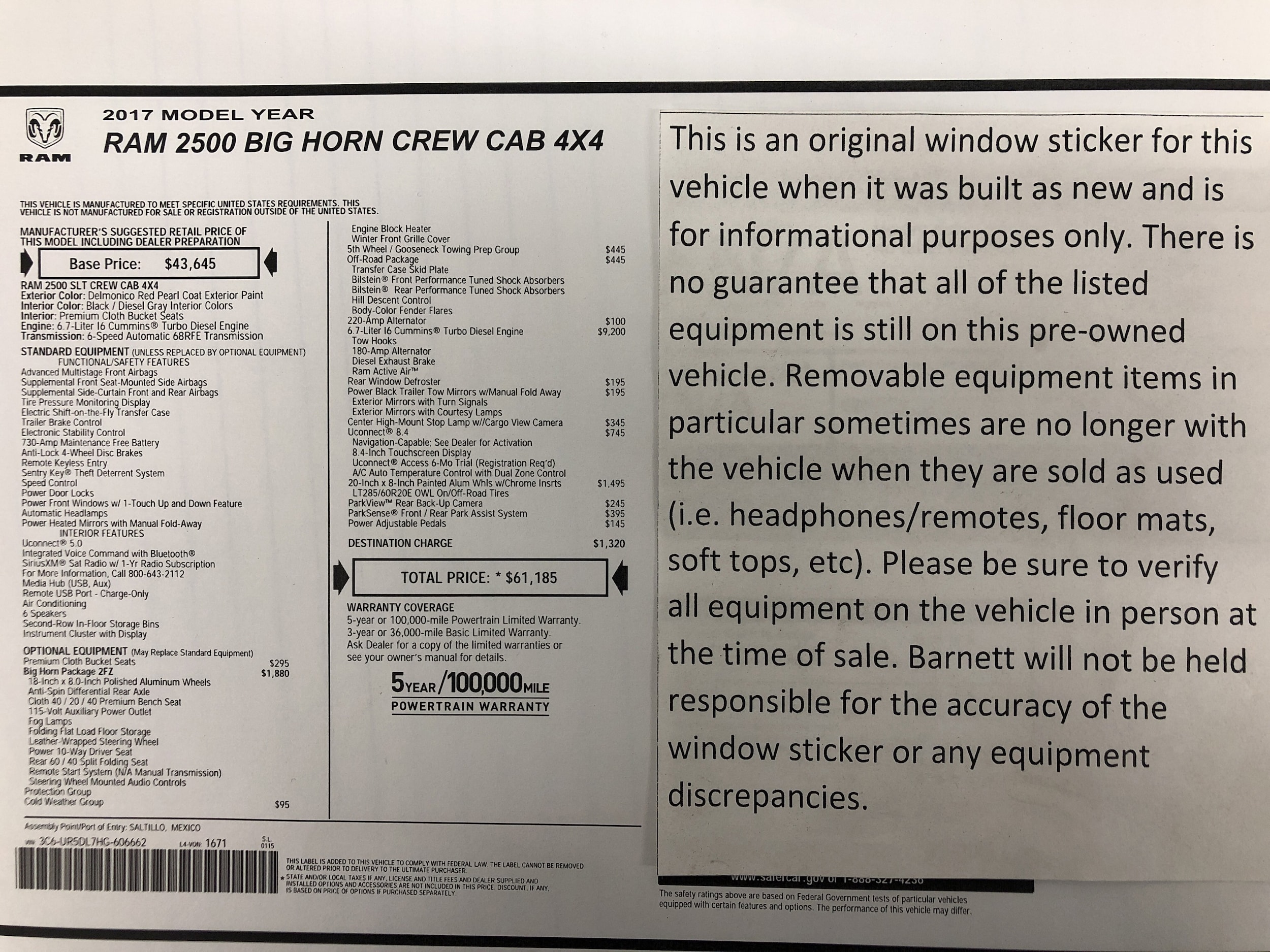 Used 2017 RAM Ram 2500 Pickup Big Horn/Lone Star with VIN 3C6UR5DL7HG606662 for sale in White Bear Lake, Minnesota