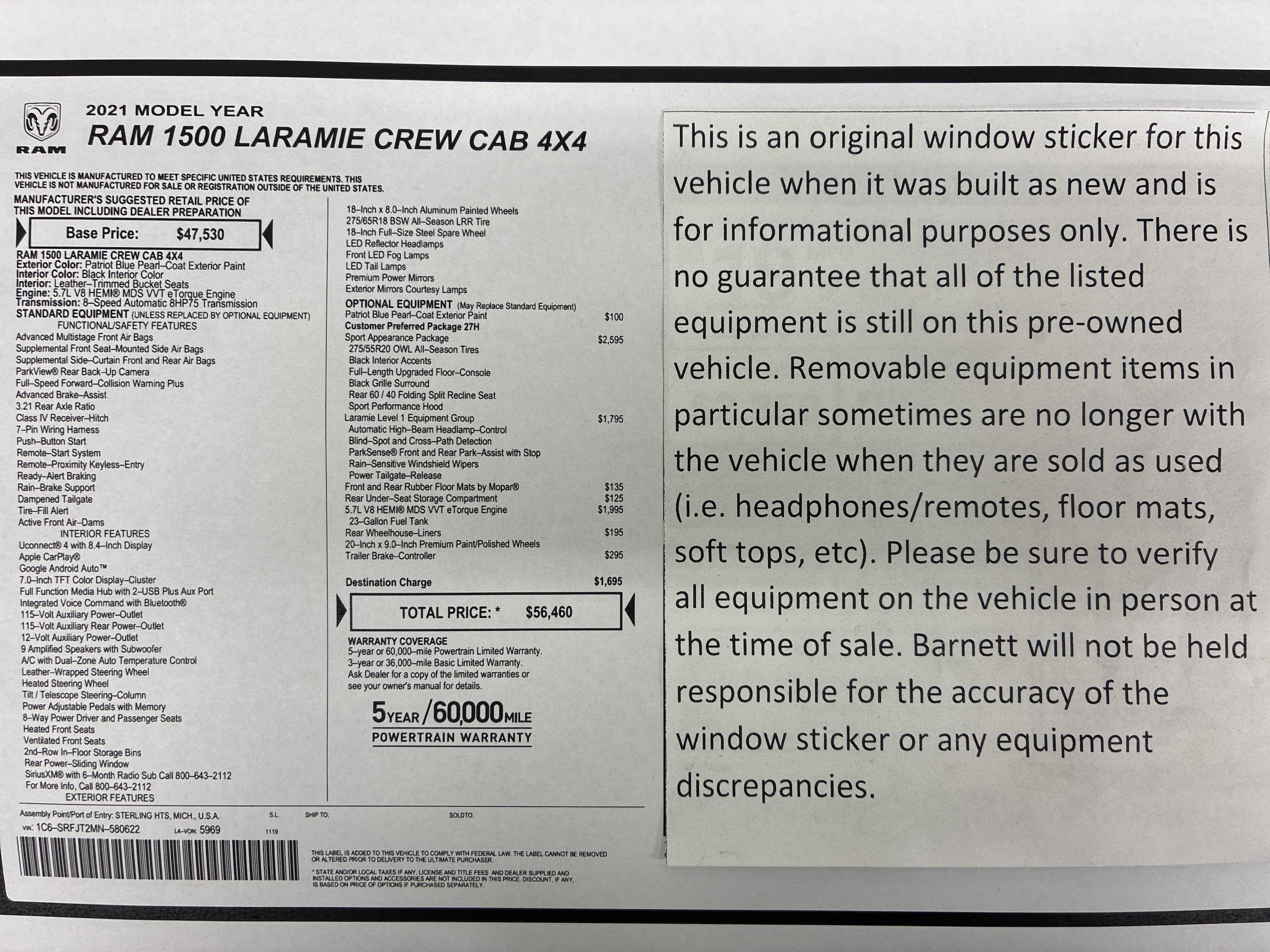 Used 2021 RAM Ram 1500 Pickup Laramie with VIN 1C6SRFJT2MN580622 for sale in White Bear Township, Minnesota