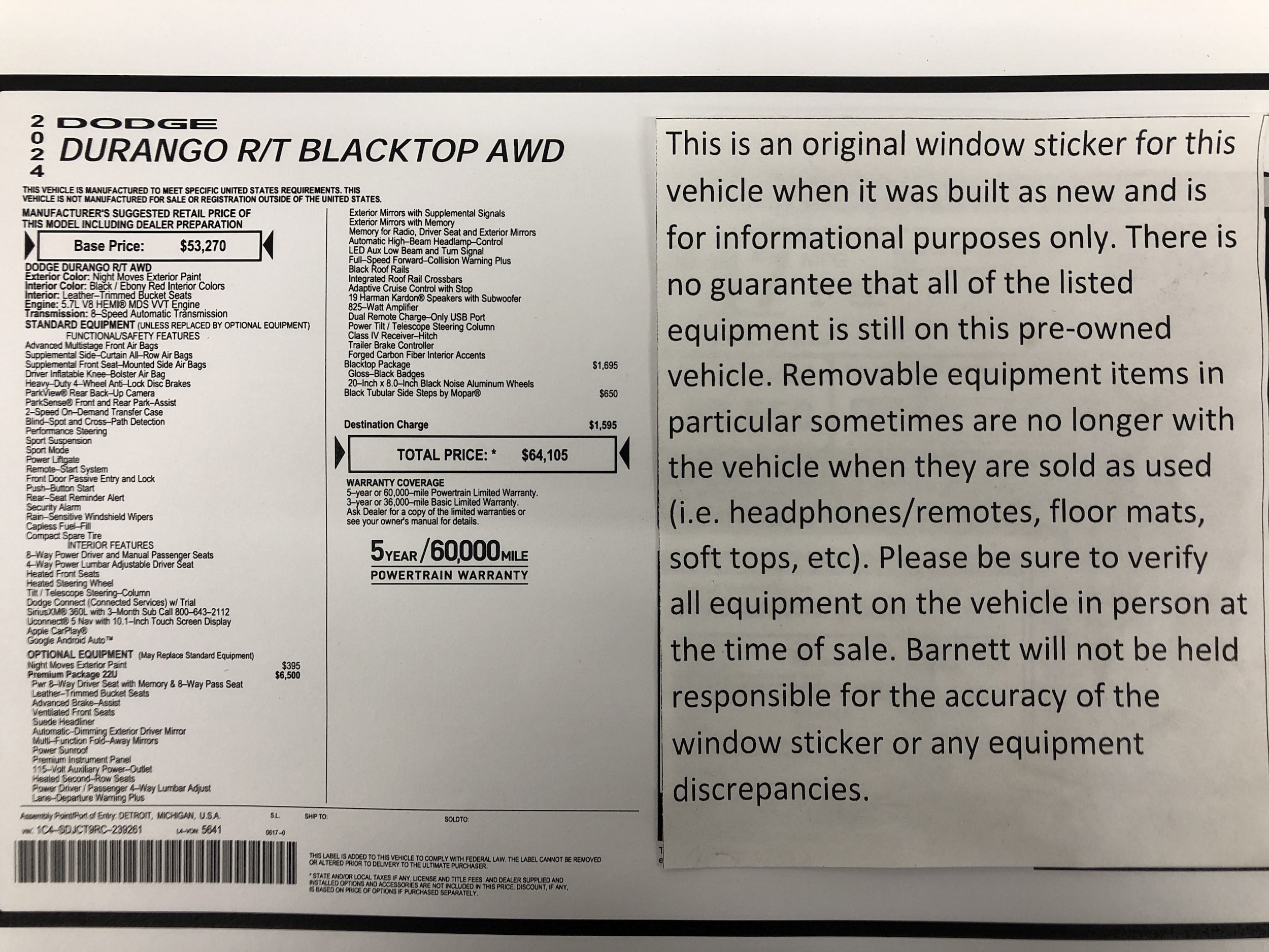 Certified 2024 Dodge Durango R/T with VIN 1C4SDJCT9RC239261 for sale in White Bear Township, Minnesota