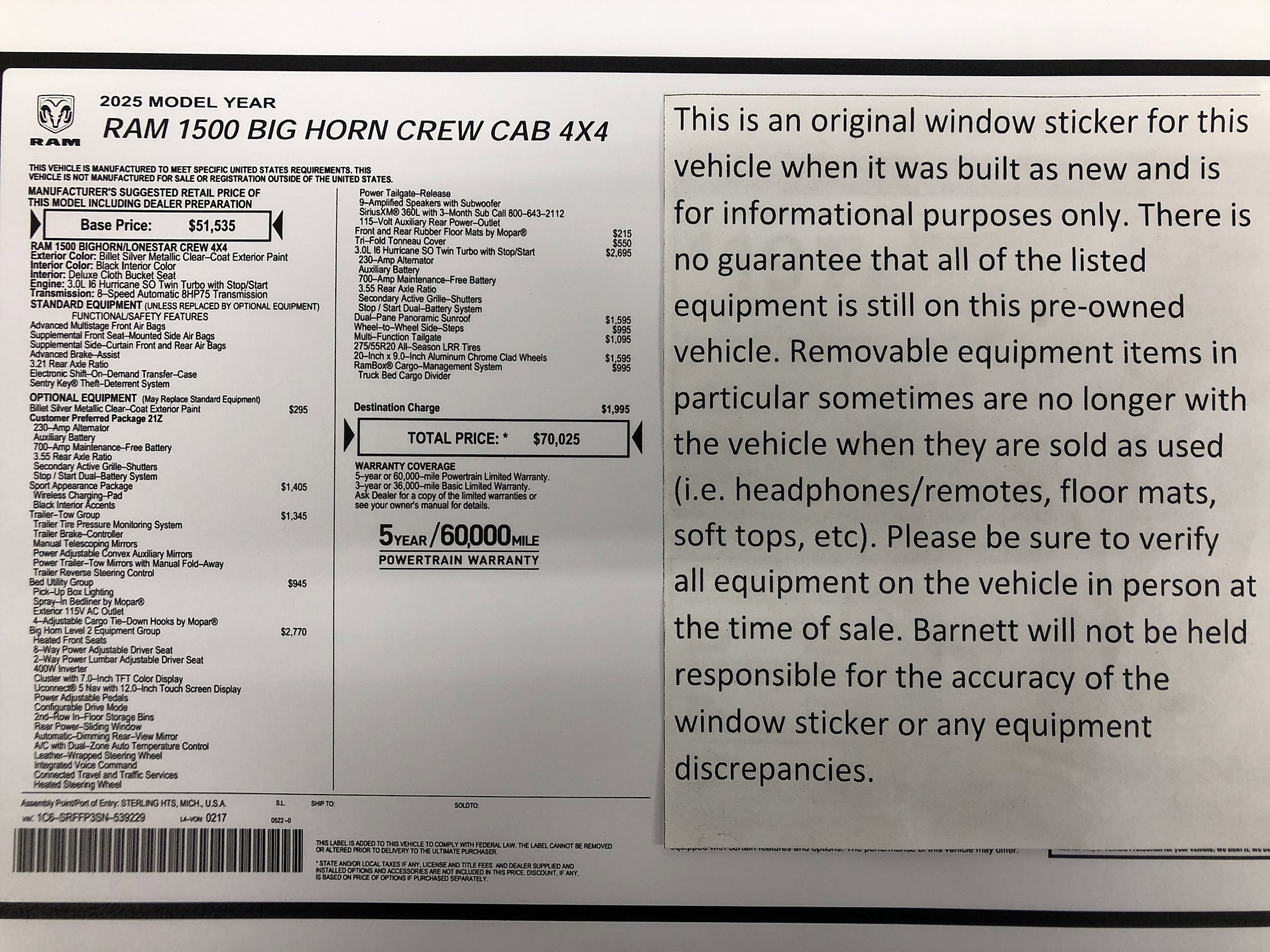 Certified 2025 RAM Ram 1500 Pickup Big Horn/Lone Star with VIN 1C6SRFFP3SN539229 for sale in White Bear Lake, Minnesota