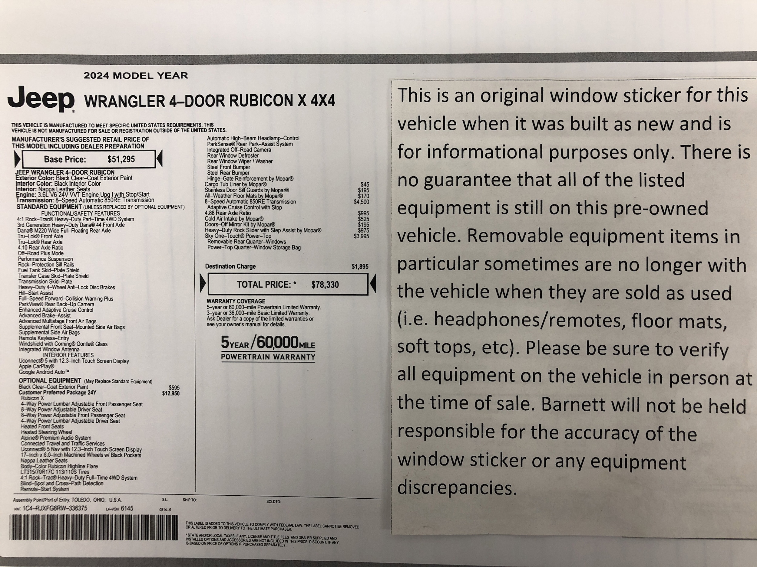 Used 2024 Jeep Wrangler 4-Door Rubicon with VIN 1C4RJXFG6RW336375 for sale in White Bear Lake, Minnesota