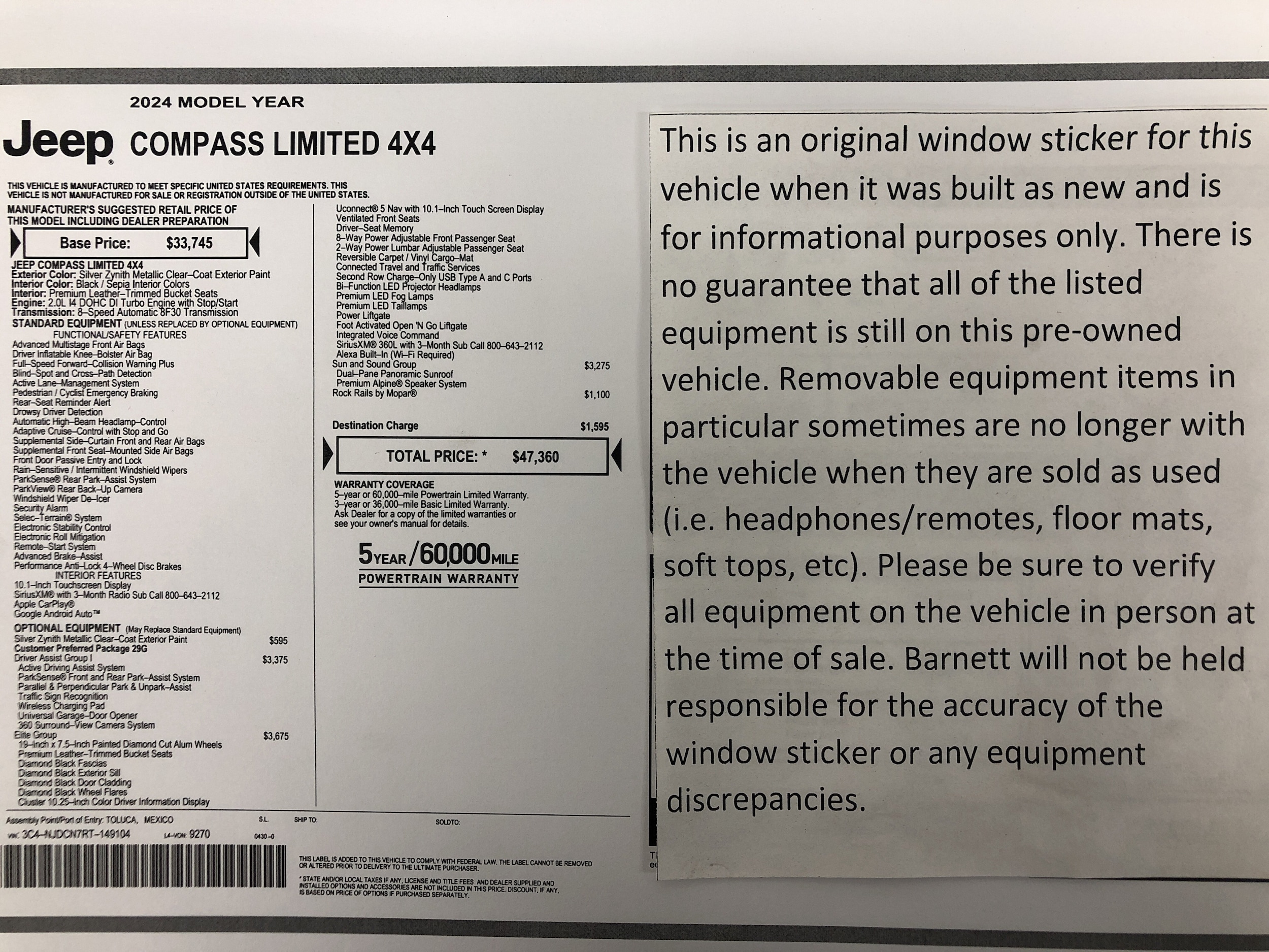 Certified 2024 Jeep Compass Limited with VIN 3C4NJDCN7RT149104 for sale in White Bear Township, Minnesota