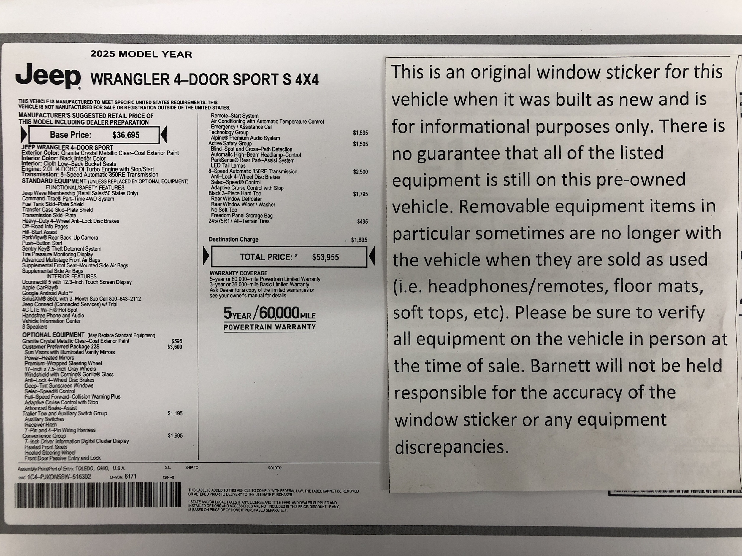 Certified 2025 Jeep Wrangler 4-Door Sport S with VIN 1C4PJXDN5SW516302 for sale in White Bear Township, Minnesota