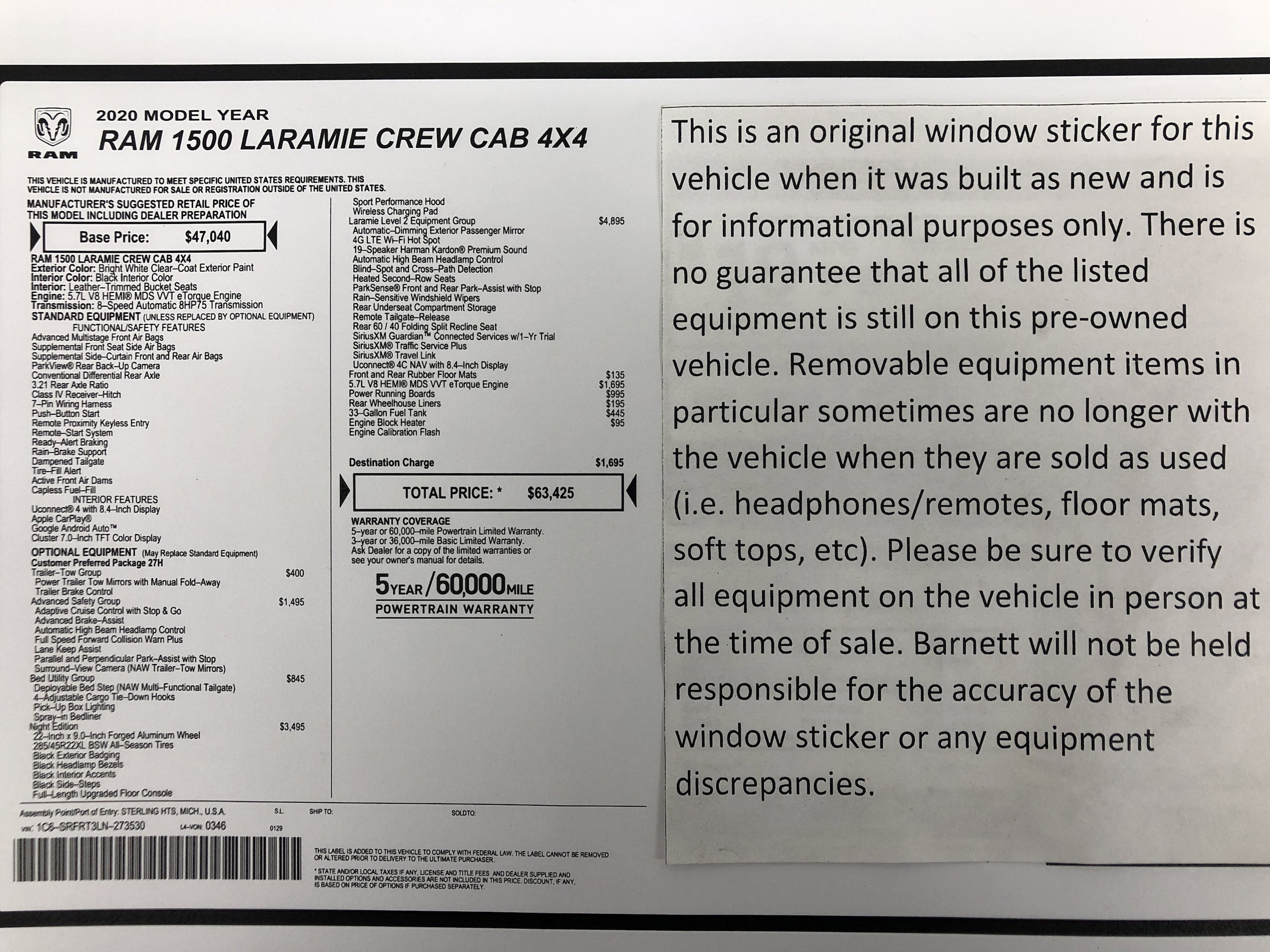 Used 2020 RAM Ram 1500 Pickup Laramie with VIN 1C6SRFRT3LN273530 for sale in White Bear Lake, Minnesota