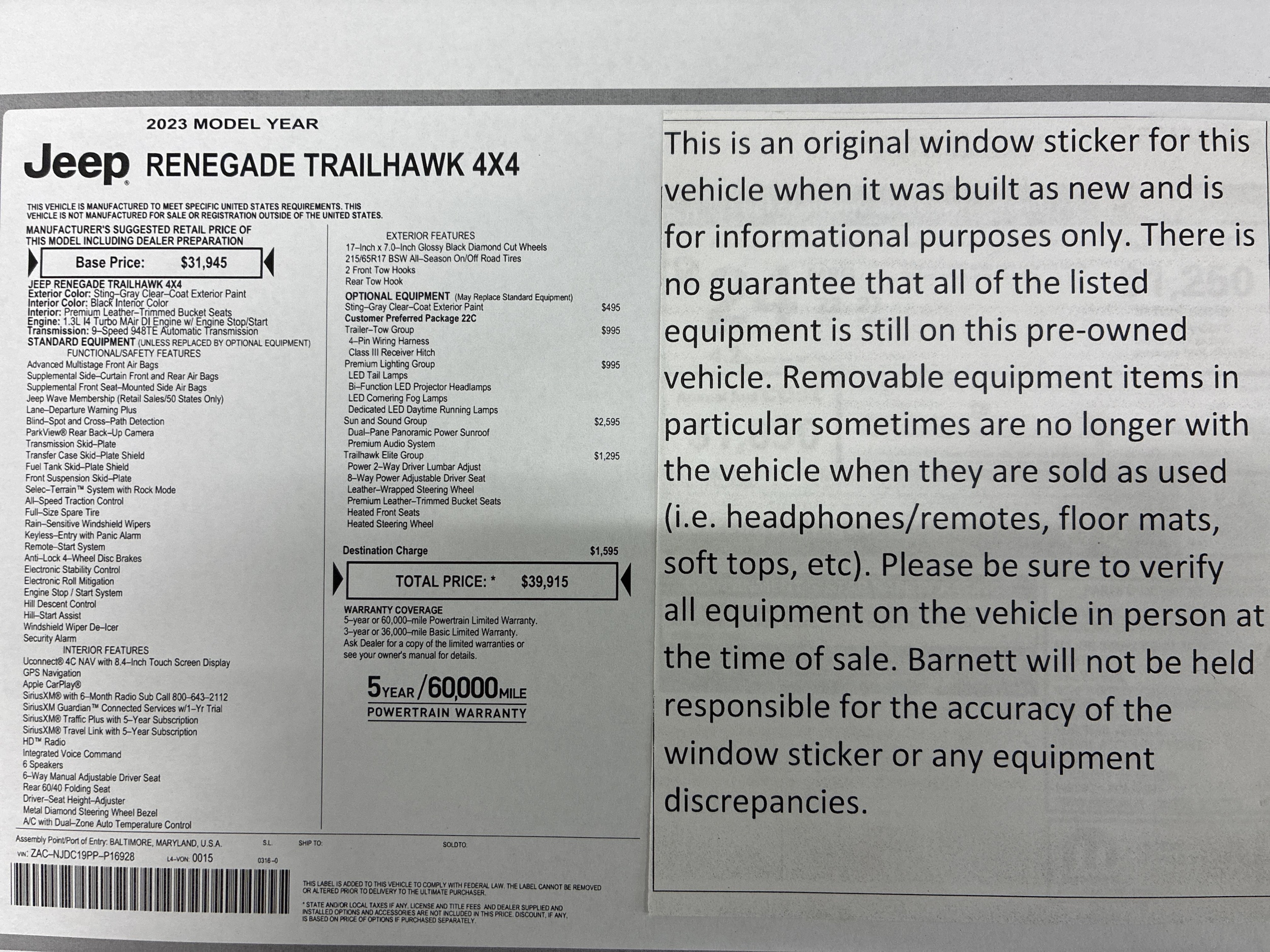 Used 2023 Jeep Renegade Trailhawk with VIN ZACNJDC19PPP16928 for sale in Saint Paul, Minnesota