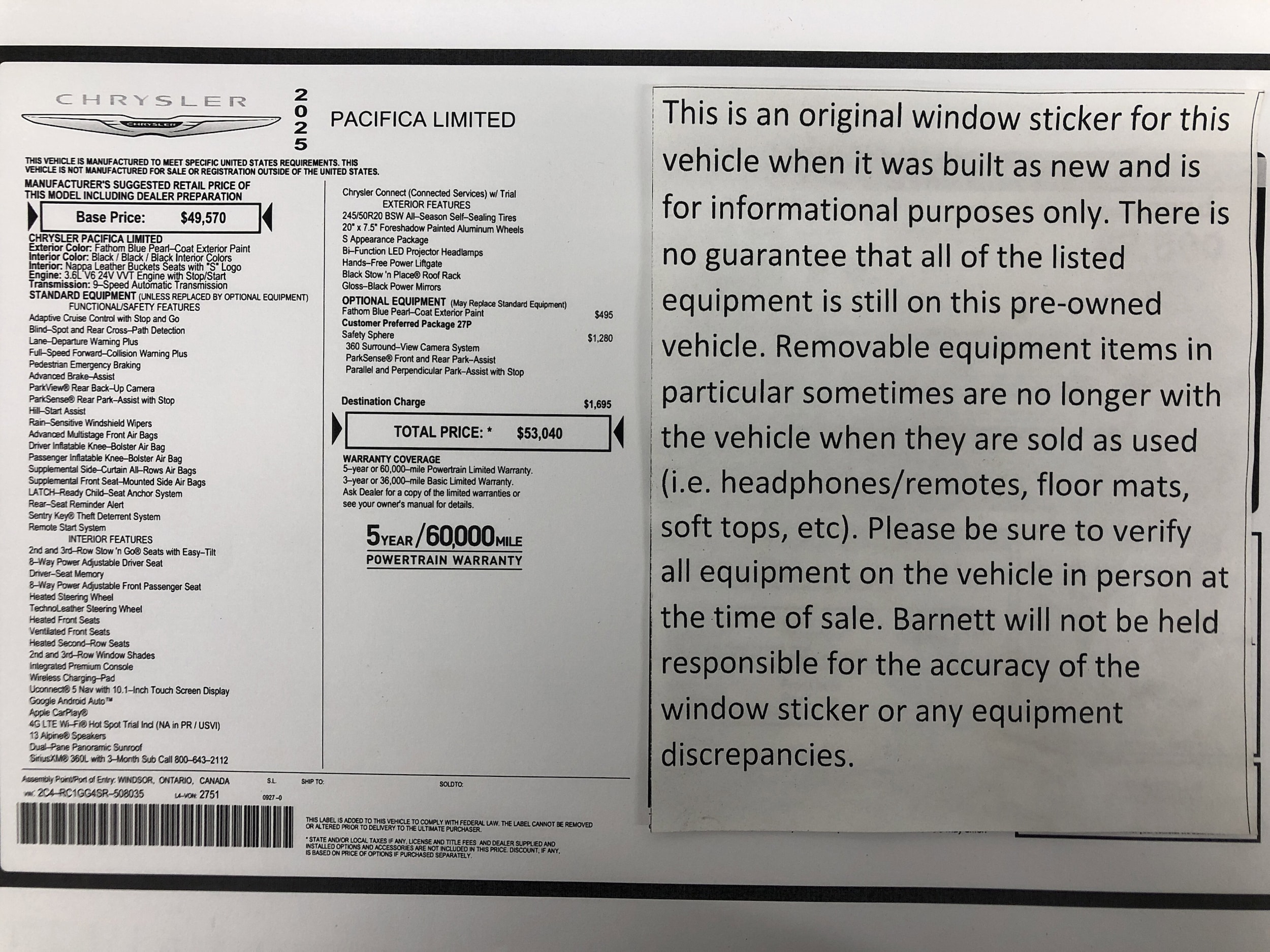 Certified 2025 Chrysler Pacifica Limited with VIN 2C4RC1GG4SR508035 for sale in White Bear Lake, Minnesota
