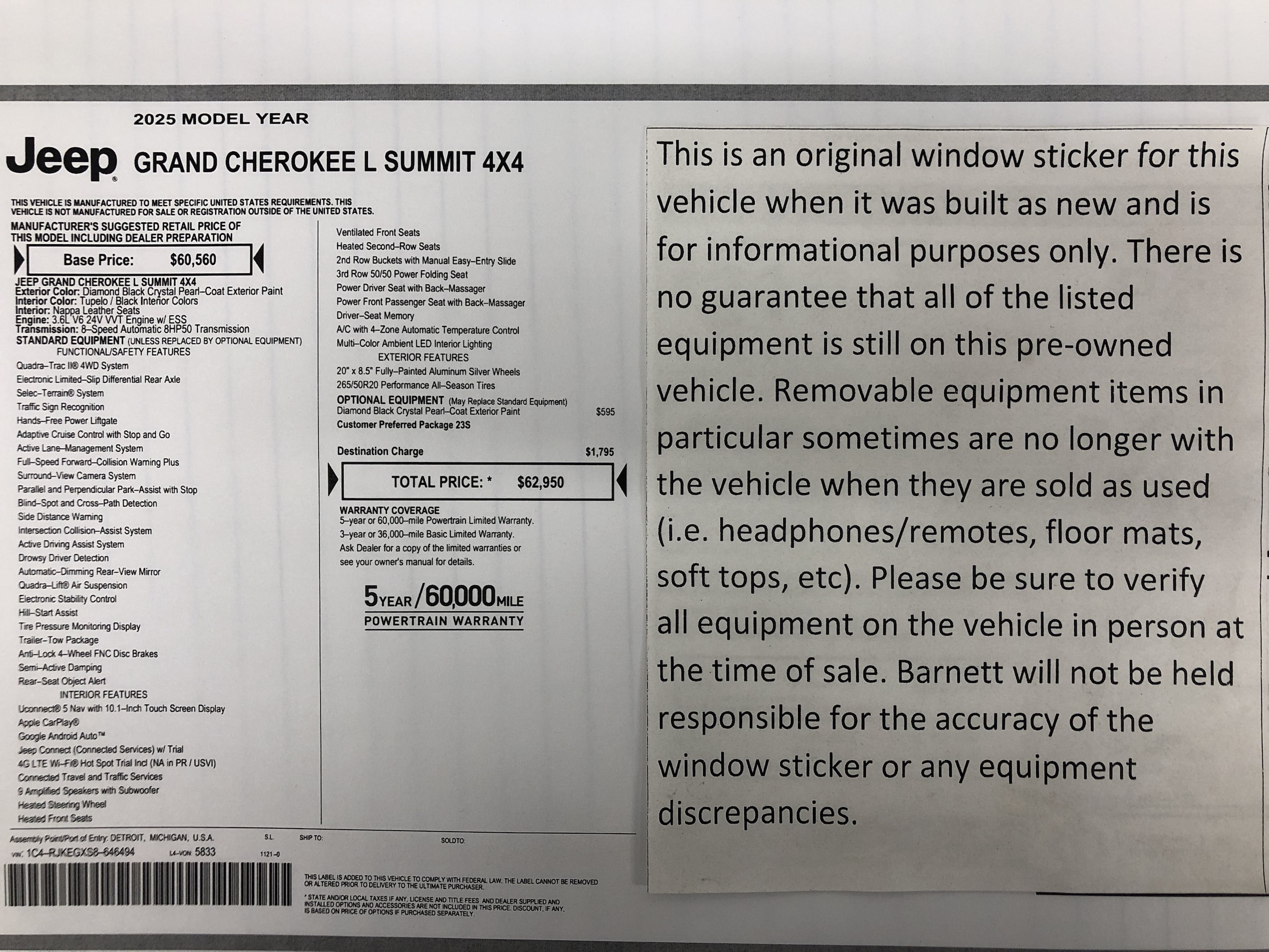 Certified 2025 Jeep Grand Cherokee L Summit with VIN 1C4RJKEGXS8646494 for sale in White Bear Township, Minnesota