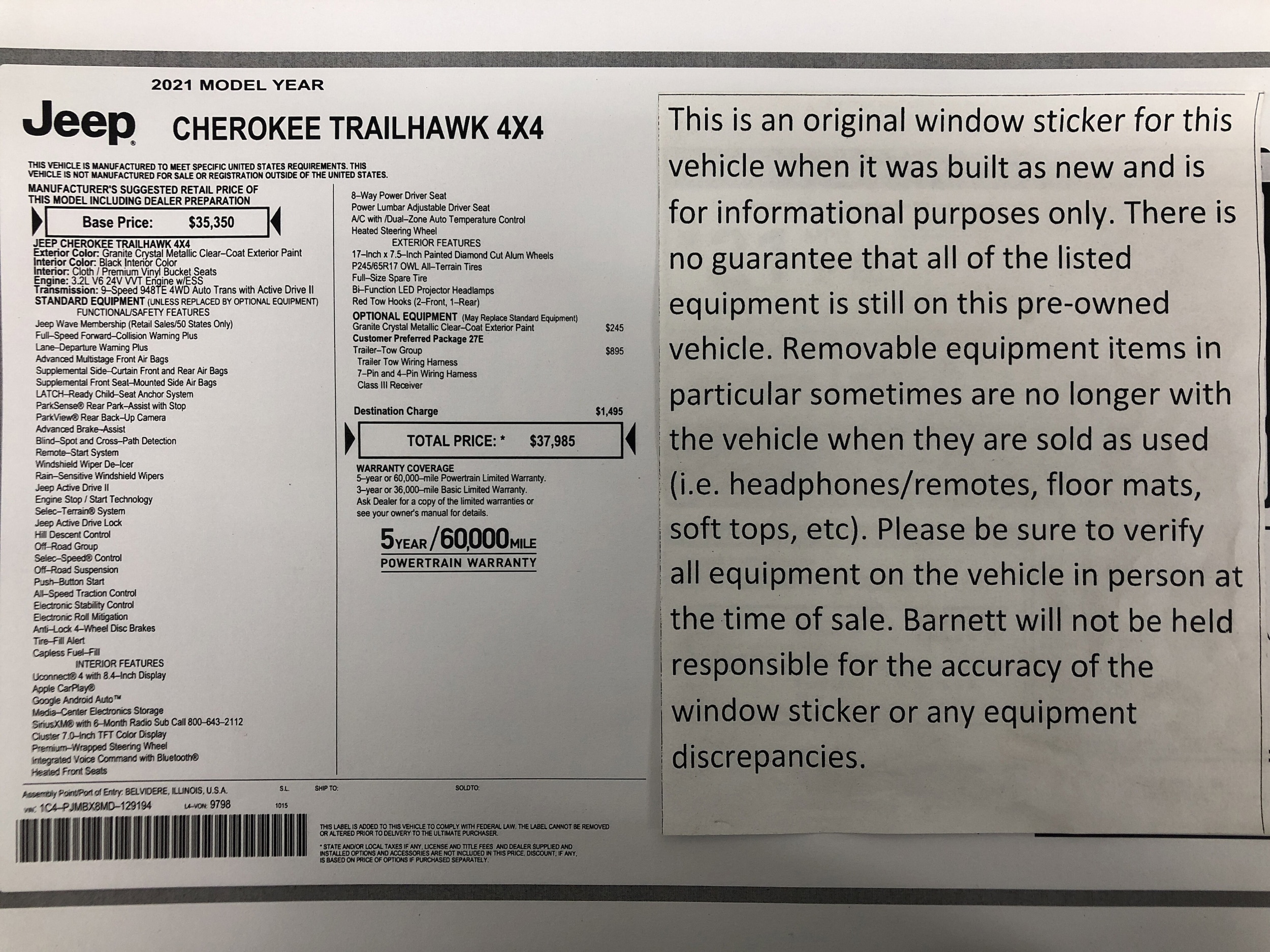 Used 2021 Jeep Cherokee Trailhawk with VIN 1C4PJMBX8MD129194 for sale in White Bear Lake, Minnesota