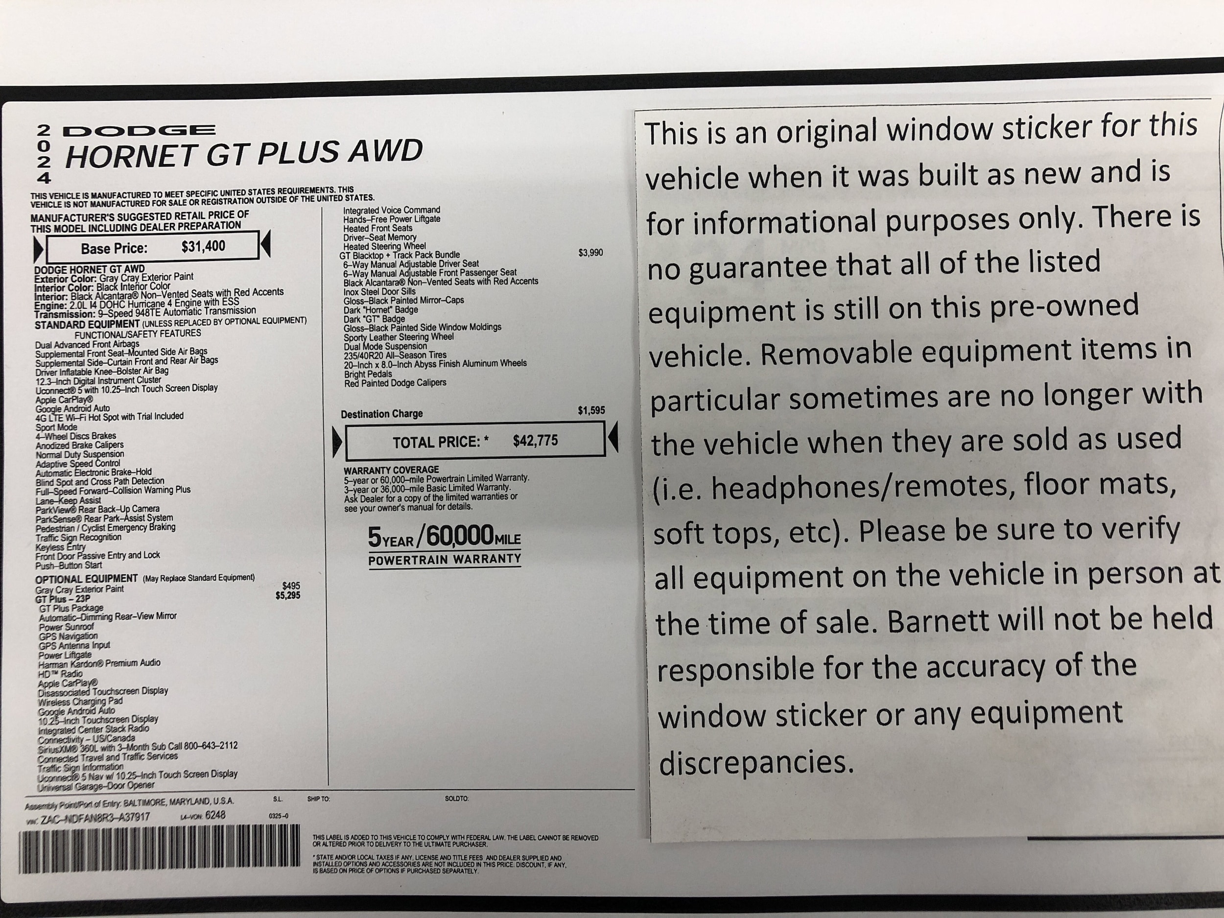 Certified 2024 Dodge Hornet GT with VIN ZACNDFAN8R3A37917 for sale in White Bear Lake, Minnesota