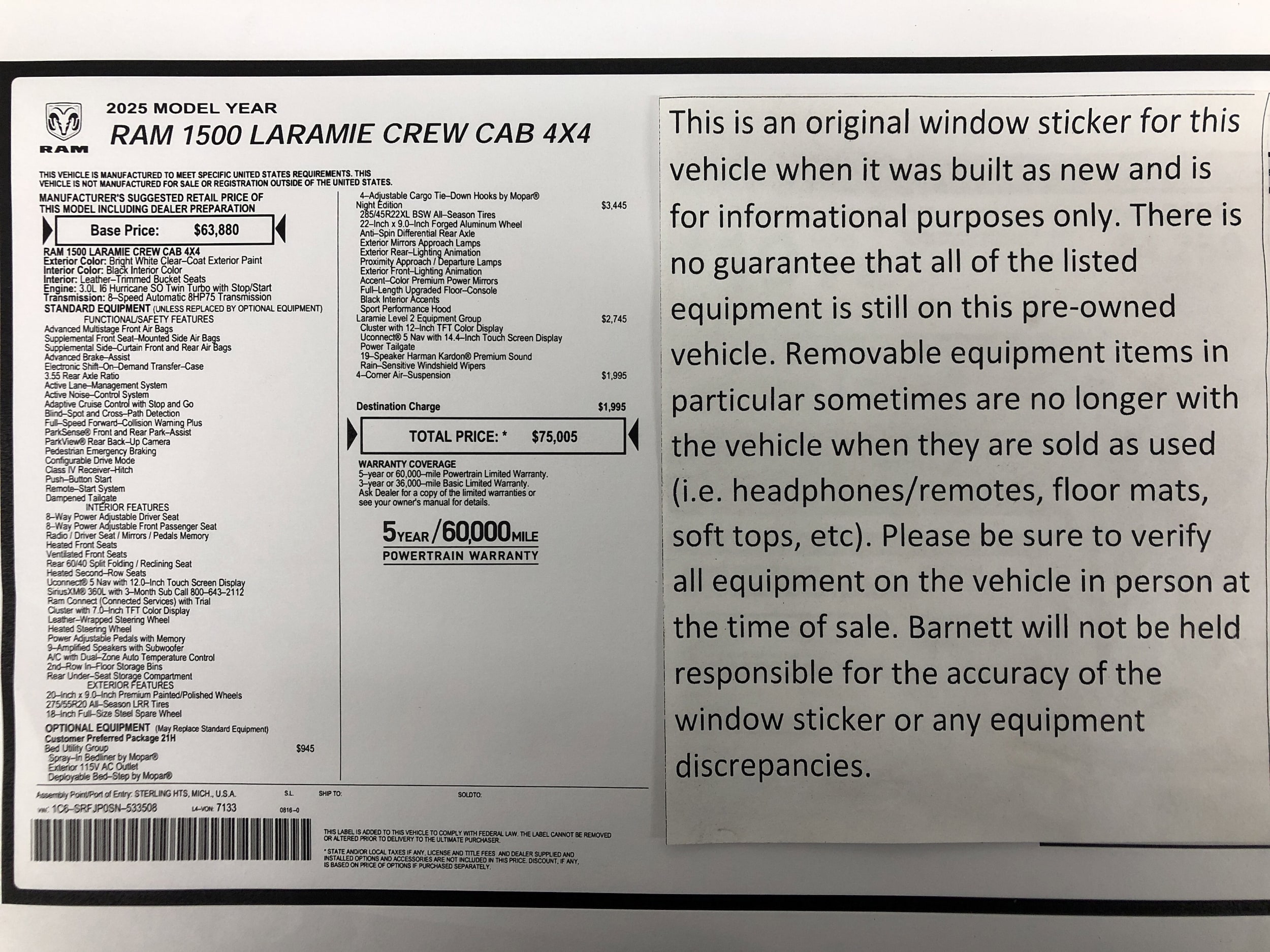 Used 2025 RAM Ram 1500 Pickup Laramie with VIN 1C6SRFJP0SN533508 for sale in White Bear Lake, Minnesota
