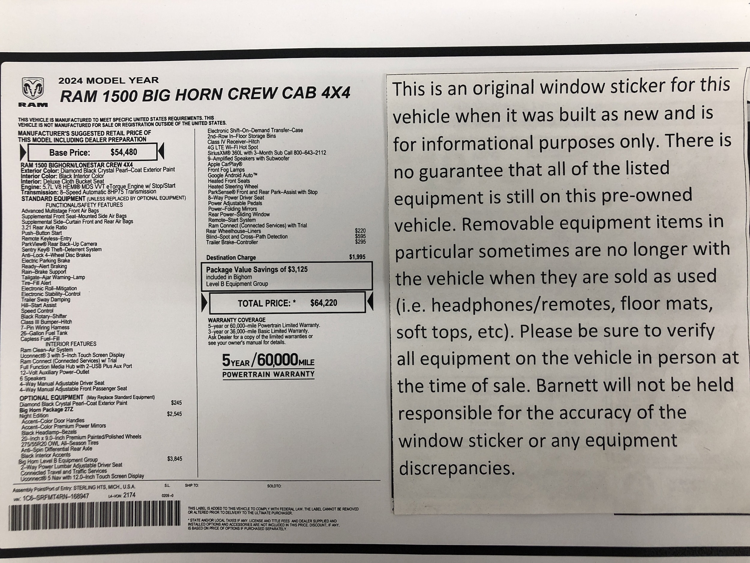 Used 2024 RAM Ram 1500 Pickup Big Horn/Lone Star with VIN 1C6SRFMT4RN168947 for sale in White Bear Lake, Minnesota