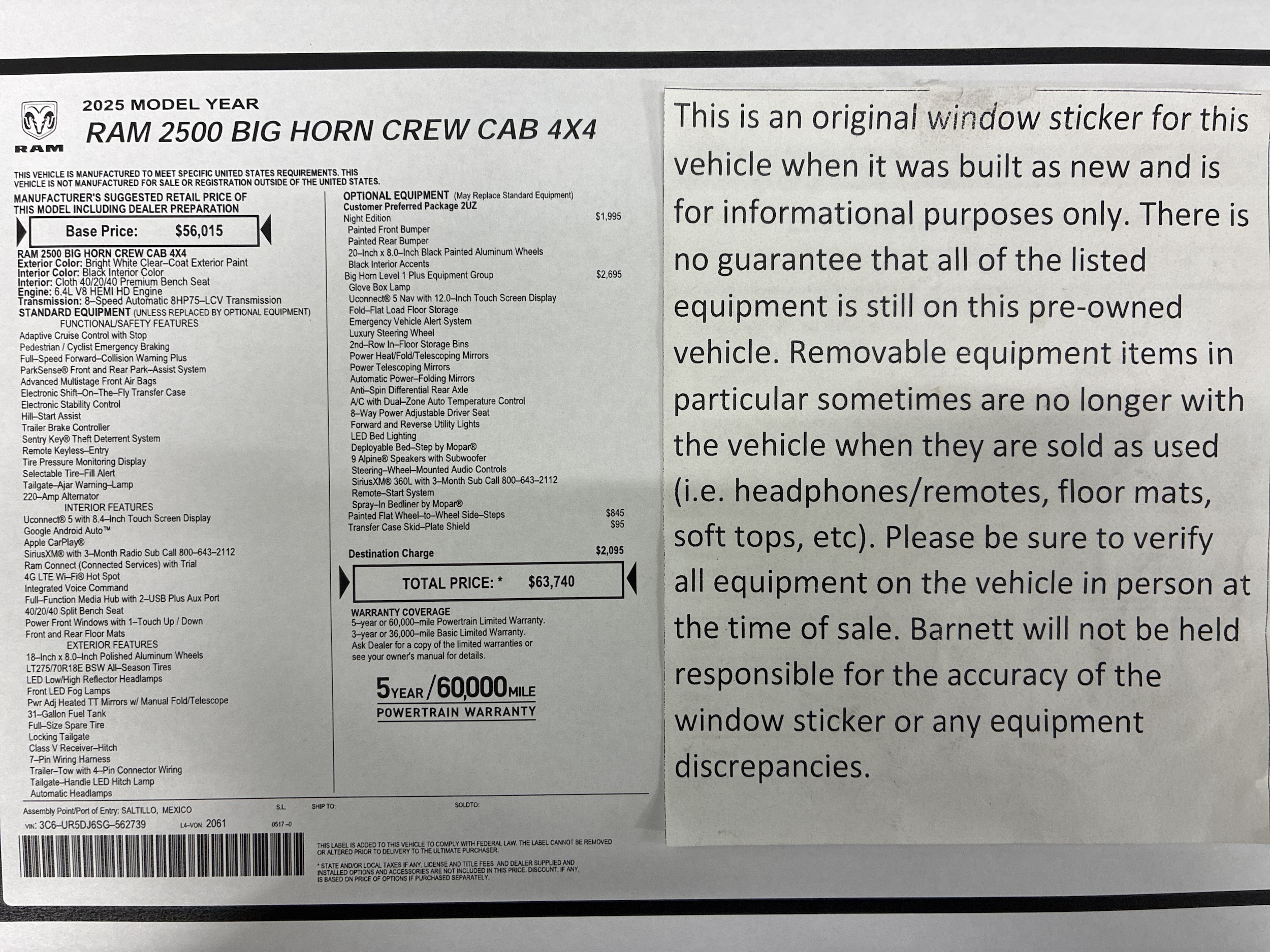 Certified 2025 RAM Ram 2500 Pickup Big Horn with VIN 3C6UR5DJ6SG562739 for sale in White Bear Lake, Minnesota