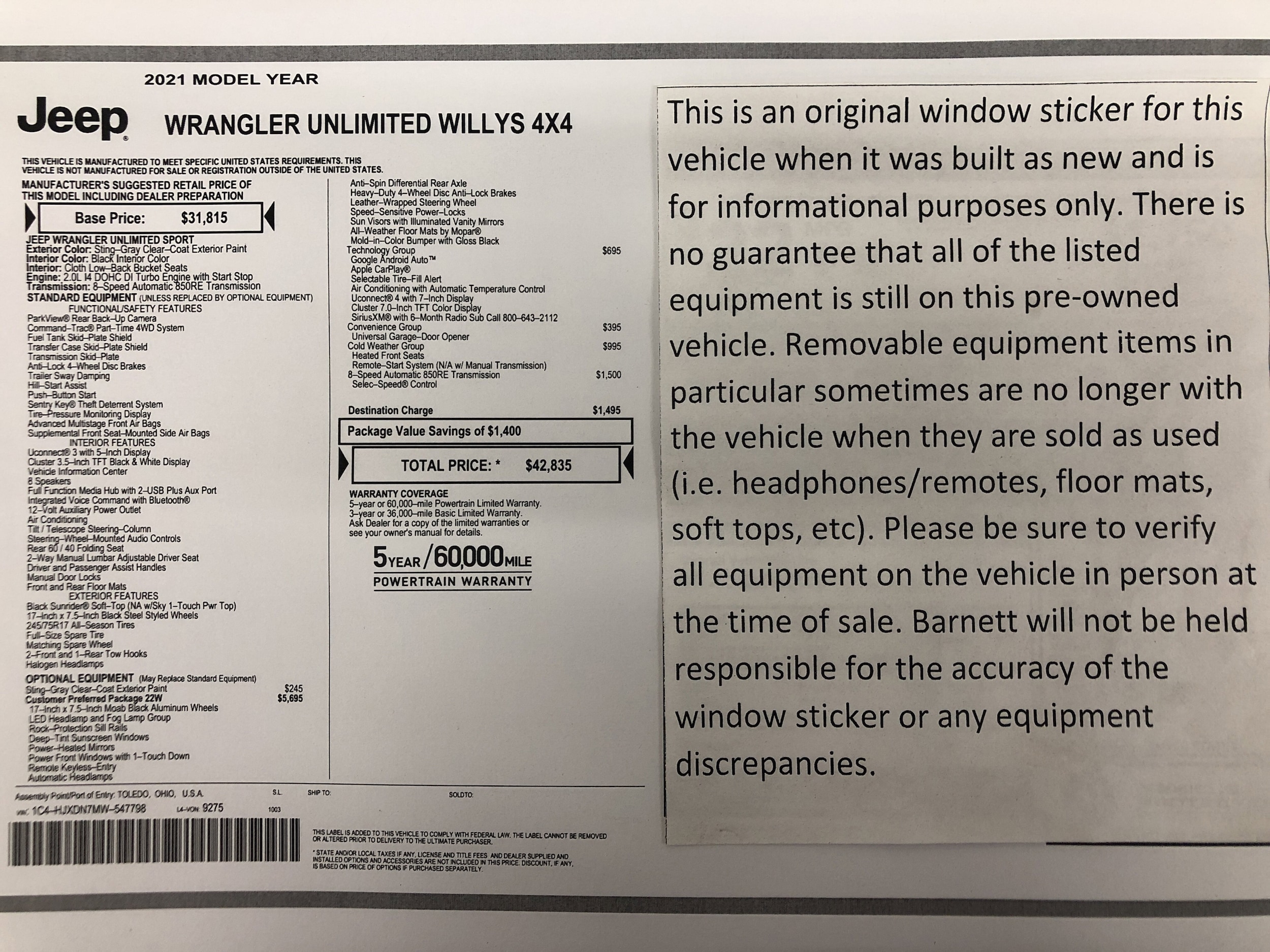 Used 2021 Jeep Wrangler Unlimited Willys with VIN 1C4HJXDN7MW547798 for sale in White Bear Lake, Minnesota