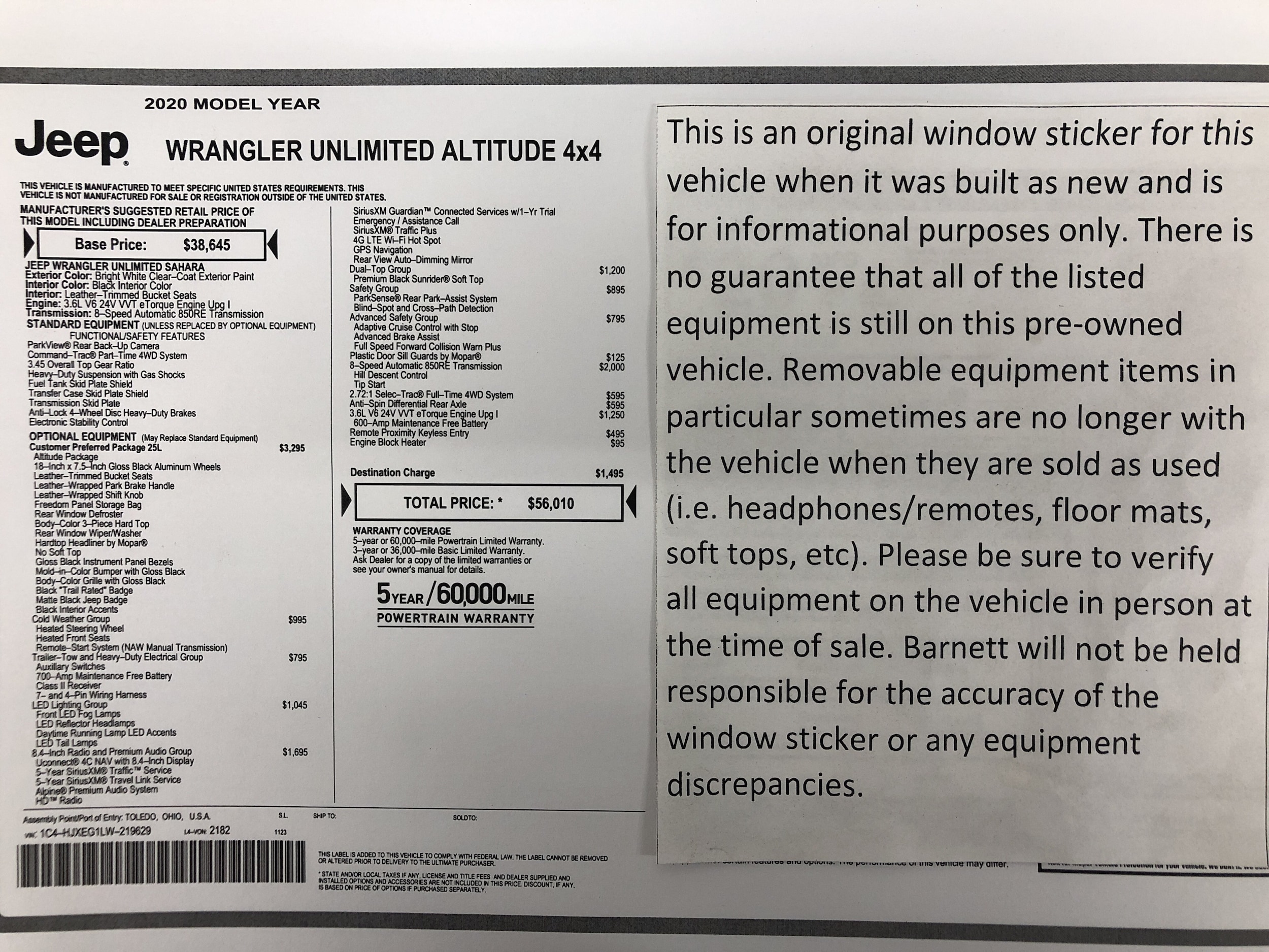 Used 2020 Jeep Wrangler Unlimited Sahara Altitude with VIN 1C4HJXEG1LW219629 for sale in White Bear Township, Minnesota