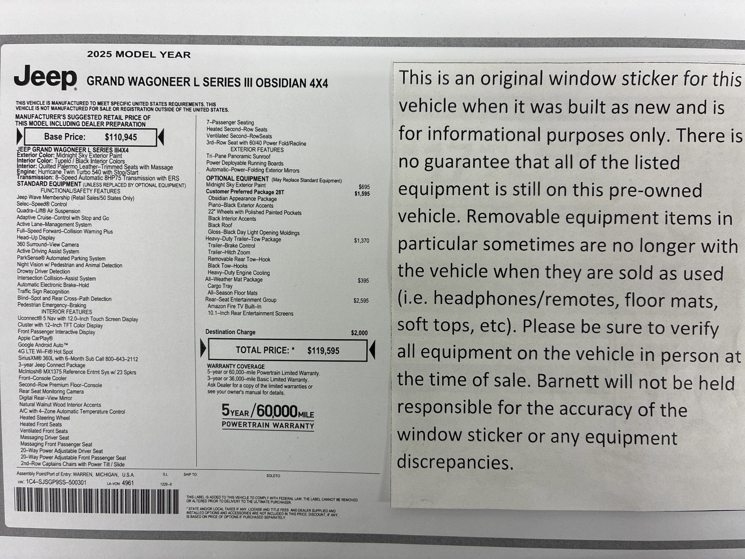 Certified 2025 Jeep Grand Wagoneer L Series III with VIN 1C4SJSGP9SS500301 for sale in White Bear Lake, Minnesota