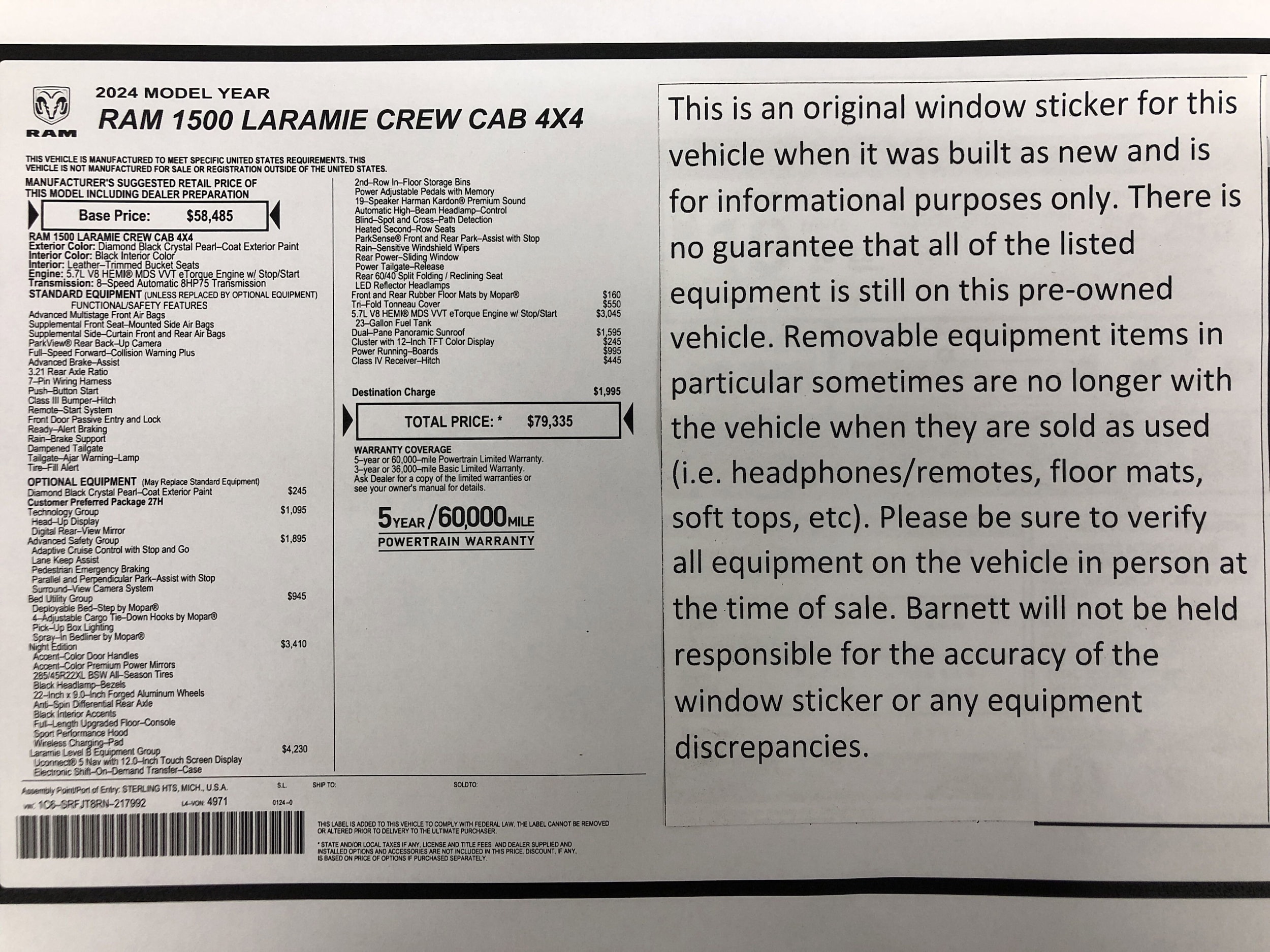 Used 2024 RAM Ram 1500 Pickup Laramie with VIN 1C6SRFJT8RN217992 for sale in White Bear Lake, Minnesota
