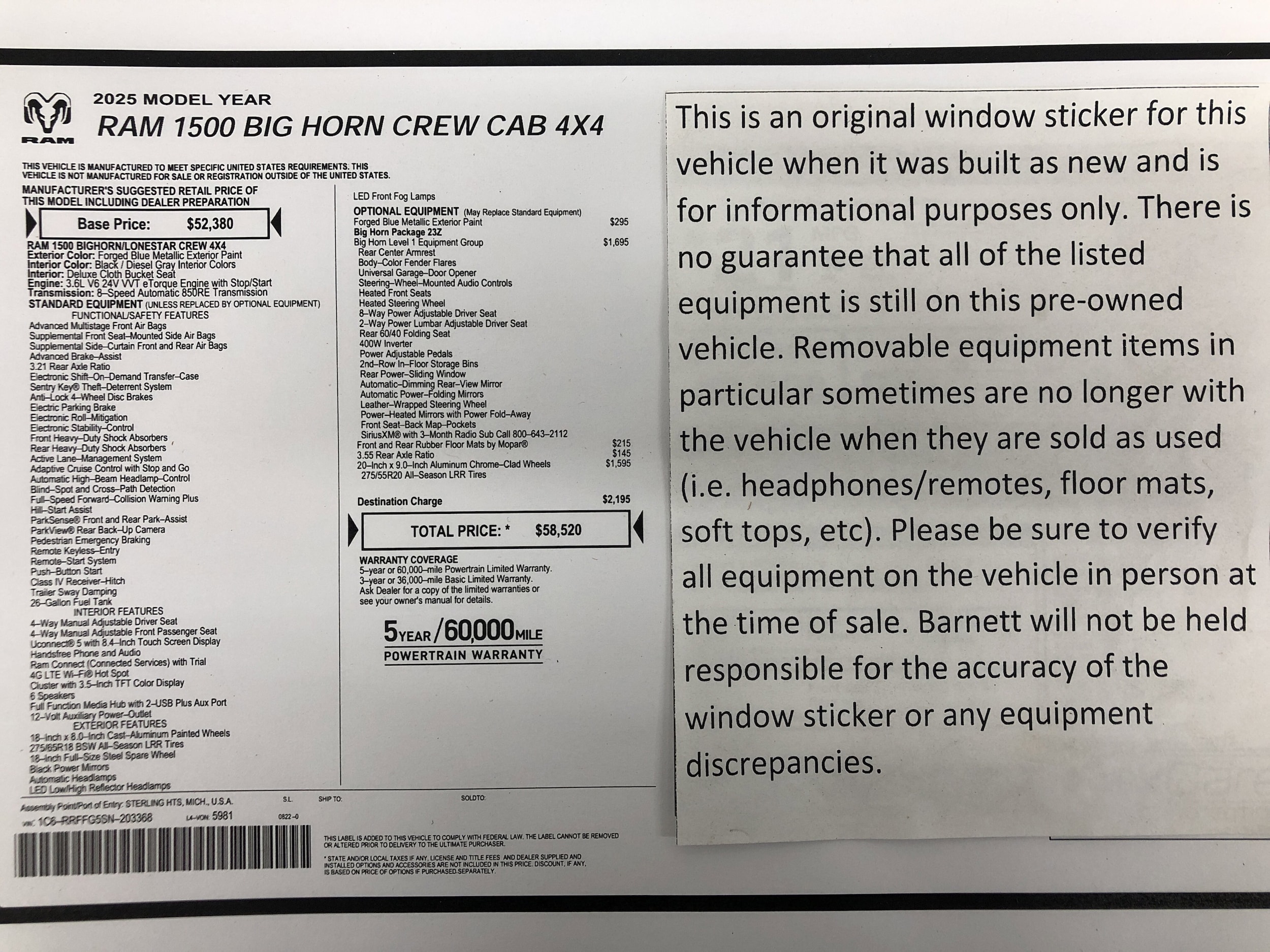 Used 2025 RAM Ram 1500 Pickup Big Horn/Lone Star with VIN 1C6RRFFG5SN203368 for sale in White Bear Lake, Minnesota