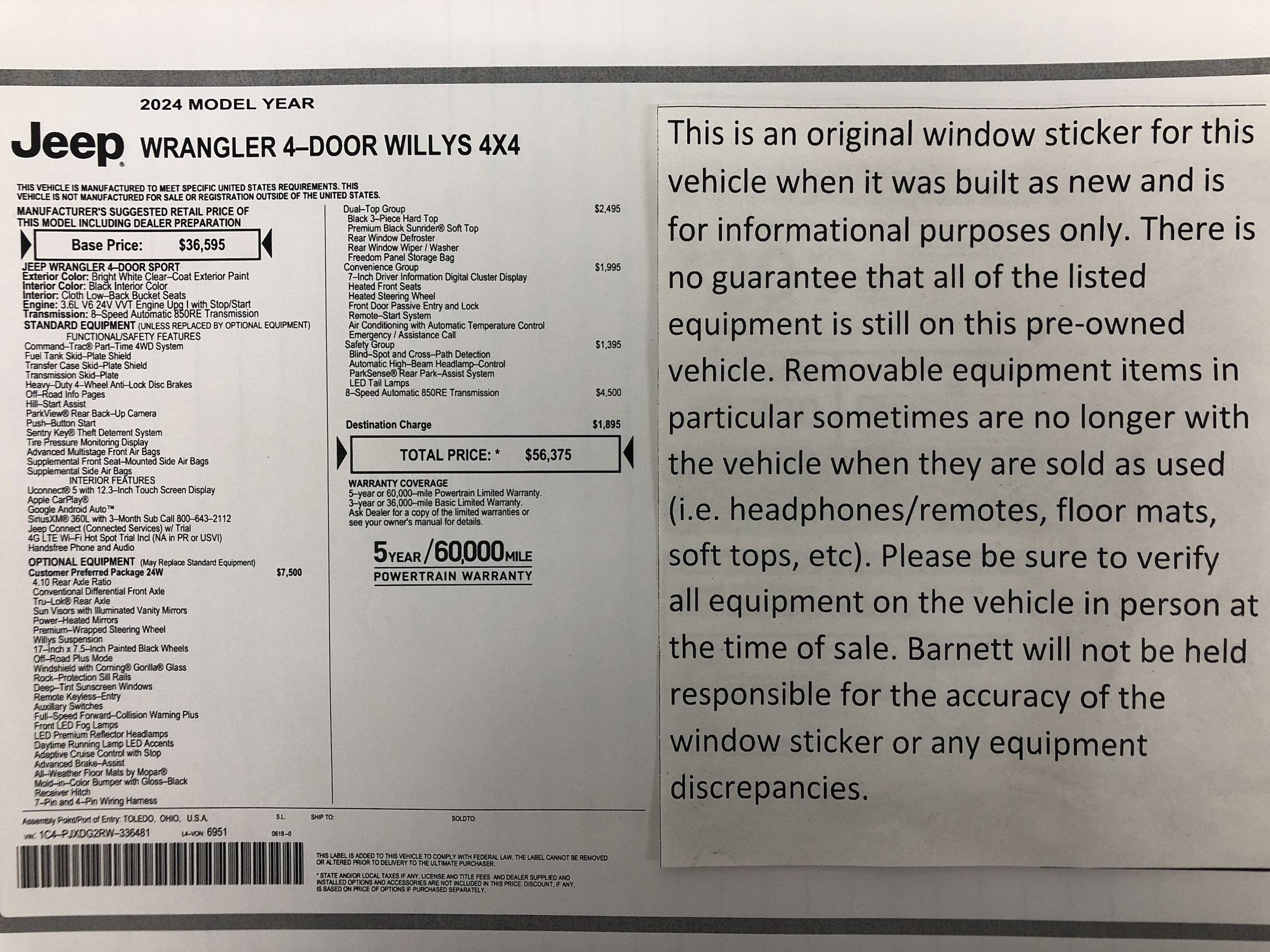 Used 2024 Jeep Wrangler 4-Door Willys with VIN 1C4PJXDG2RW336481 for sale in White Bear Lake, Minnesota