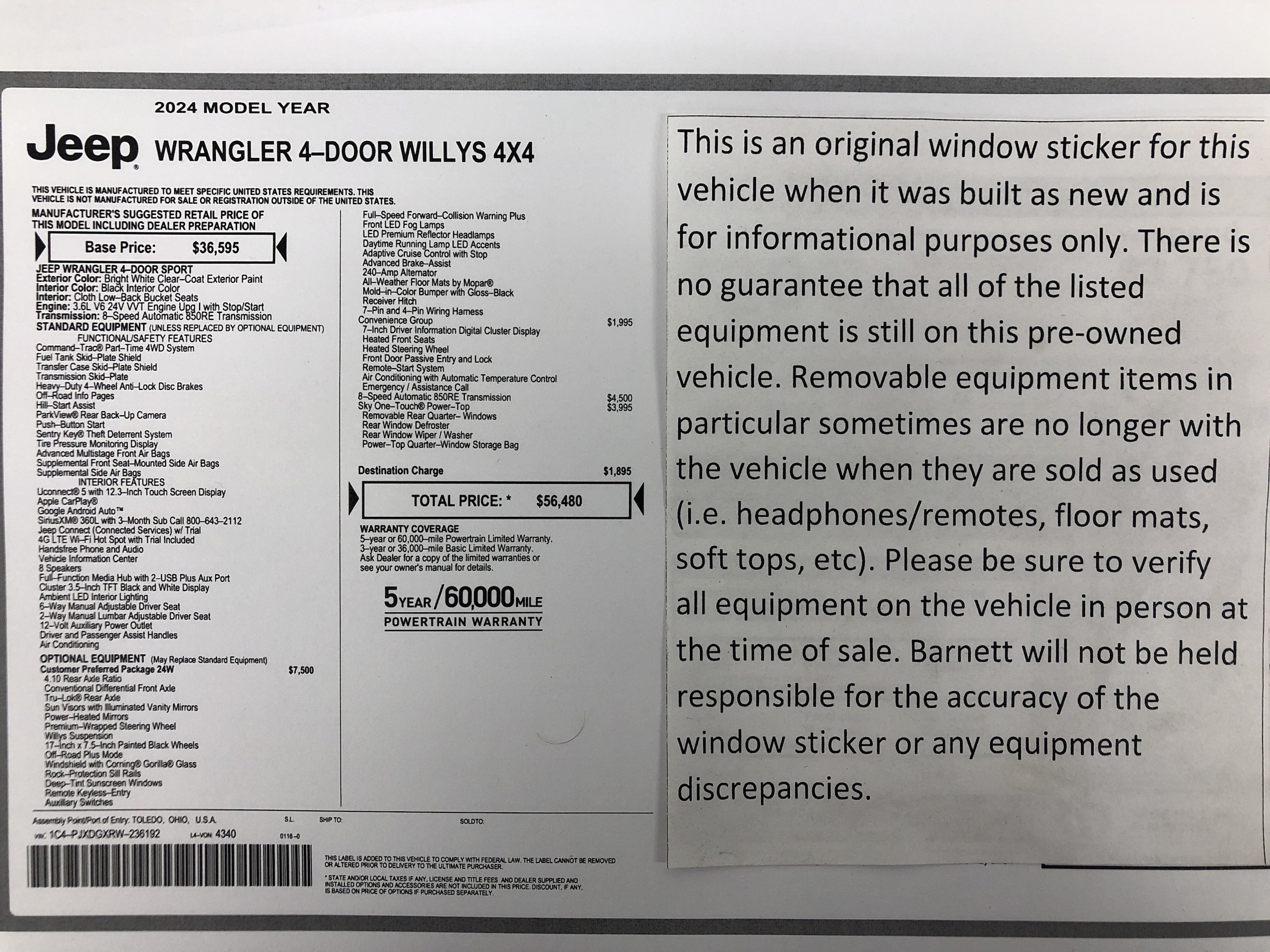 Certified 2024 Jeep Wrangler 4-Door Willys with VIN 1C4PJXDGXRW236192 for sale in White Bear Township, Minnesota