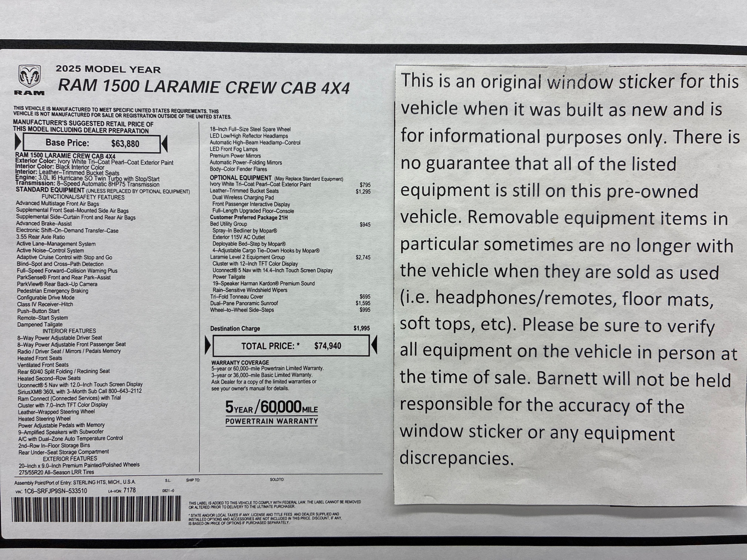 Certified 2025 RAM Ram 1500 Pickup Laramie with VIN 1C6SRFJP9SN533510 for sale in White Bear Lake, Minnesota