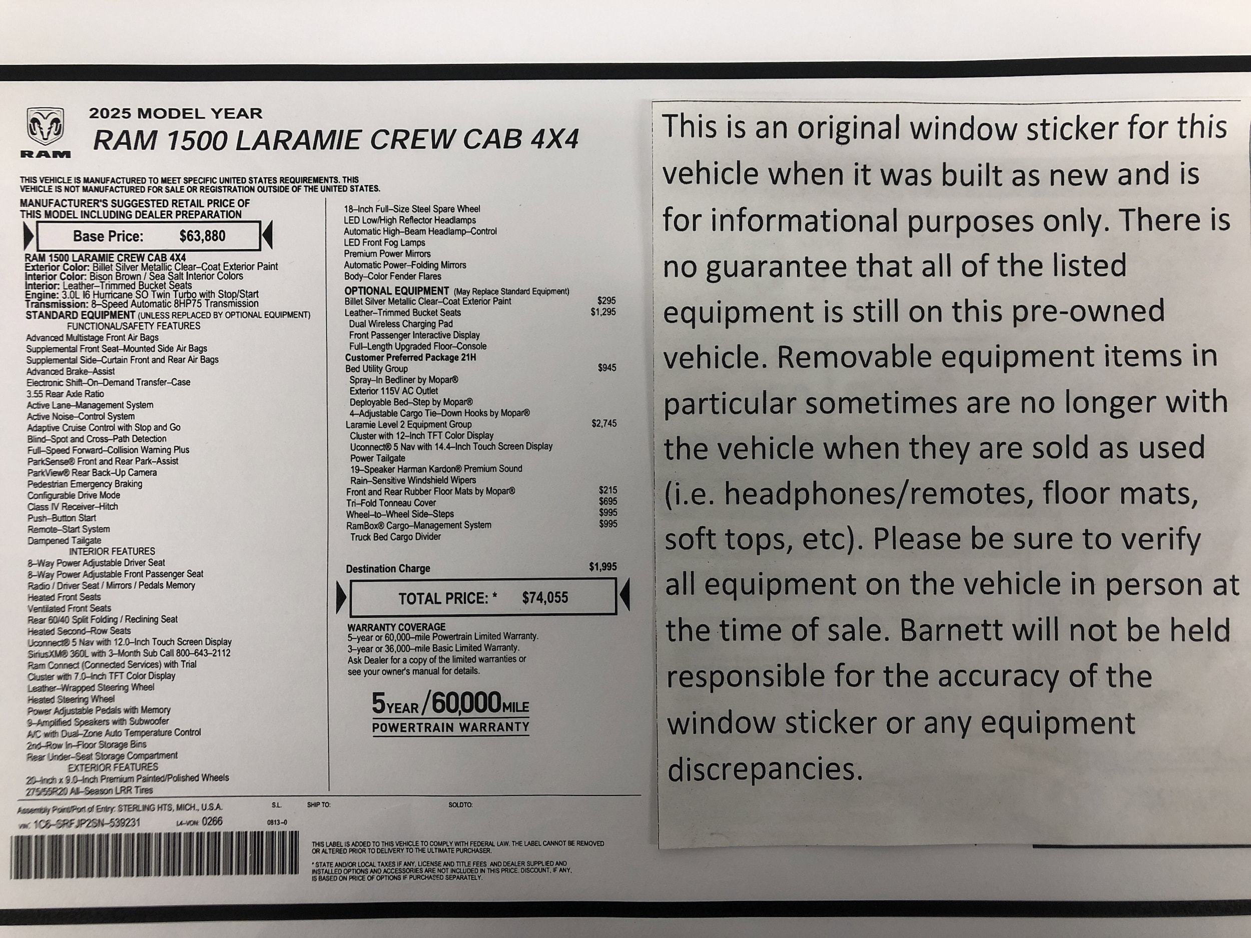 Certified 2025 RAM Ram 1500 Pickup Laramie with VIN 1C6SRFJP2SN539231 for sale in White Bear Lake, Minnesota