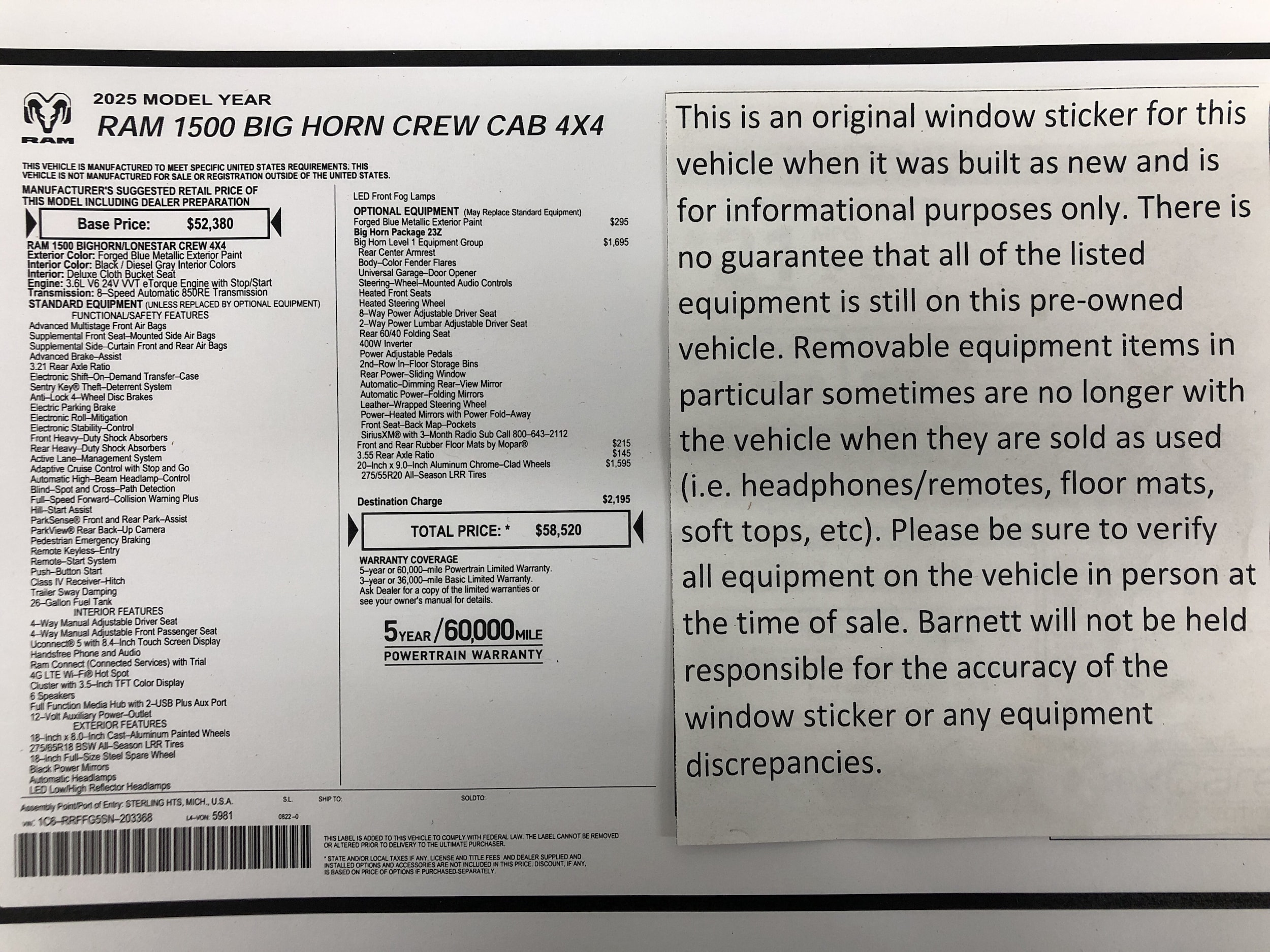 Certified 2025 RAM Ram 1500 Pickup Big Horn/Lone Star with VIN 1C6RRFFG5SN203368 for sale in White Bear Township, Minnesota