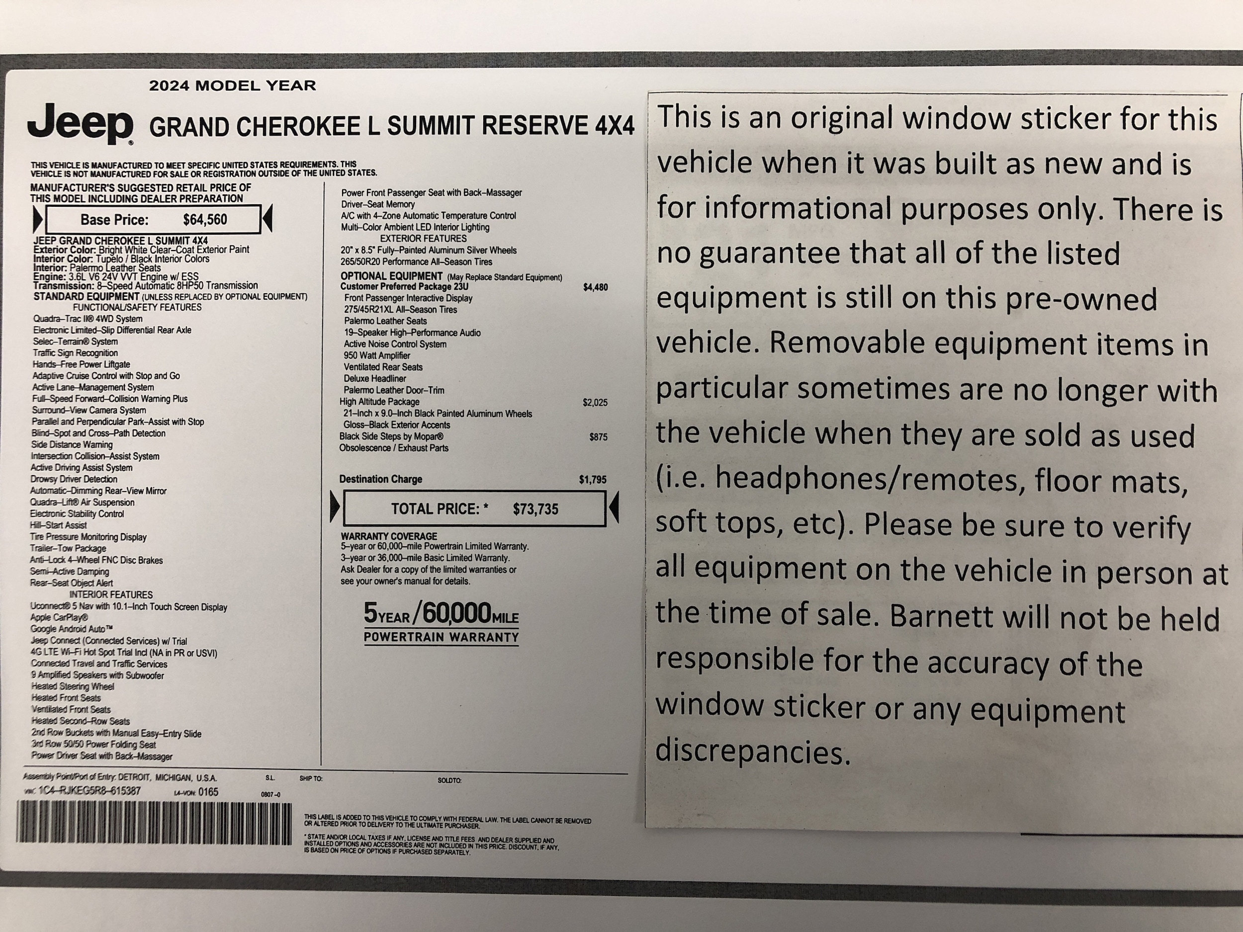 Used 2024 Jeep Grand Cherokee L Summit with VIN 1C4RJKEG5R8615387 for sale in White Bear Lake, Minnesota