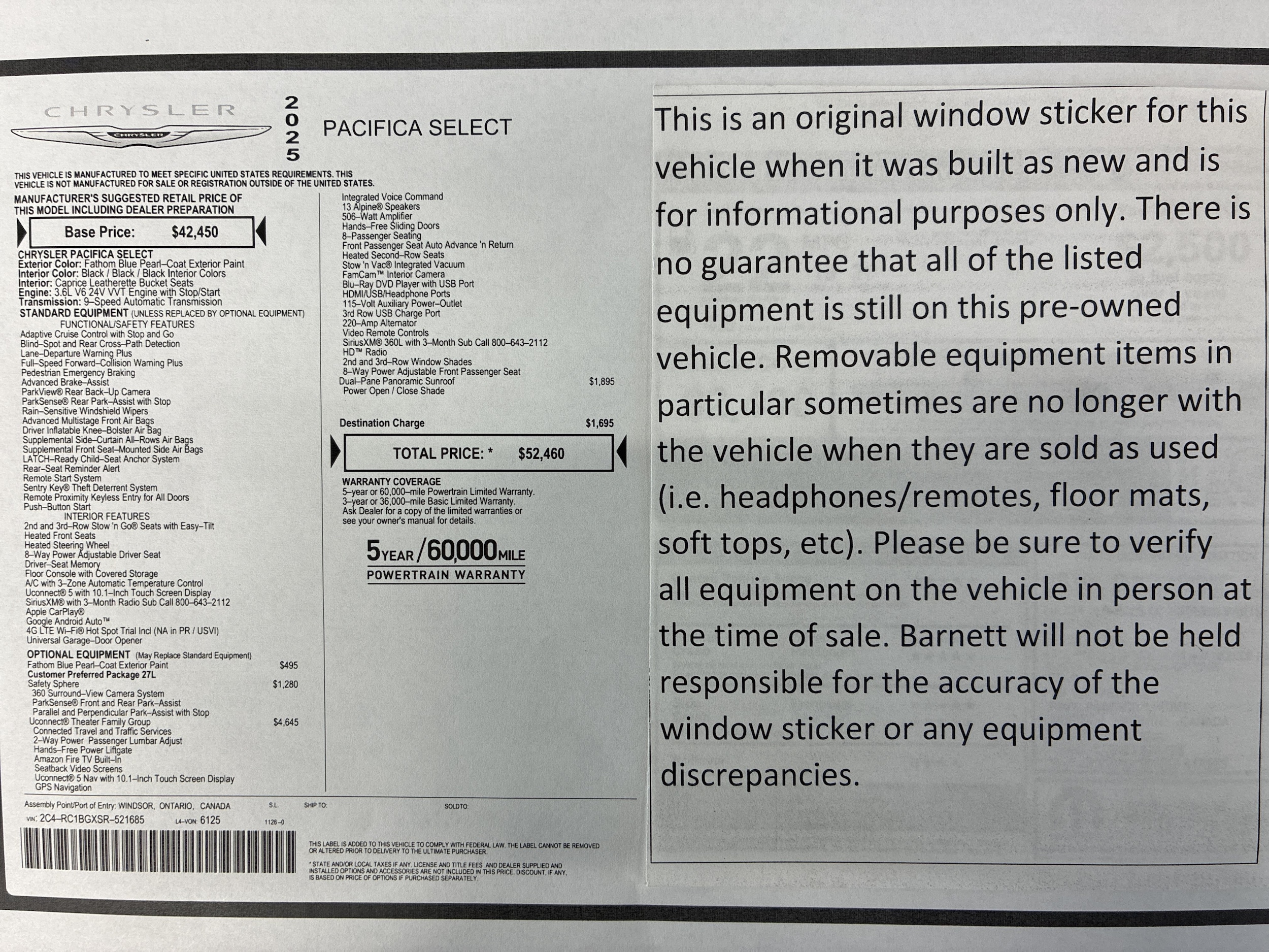 Certified 2025 Chrysler Pacifica Select with VIN 2C4RC1BGXSR521685 for sale in White Bear Township, Minnesota