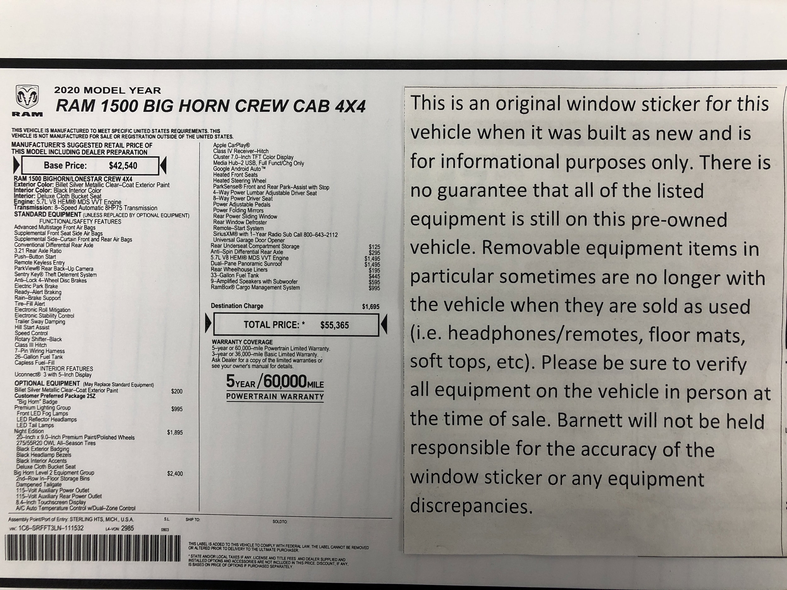 Used 2020 RAM Ram 1500 Pickup Big Horn/Lone Star with VIN 1C6SRFFT3LN111532 for sale in White Bear Lake, Minnesota