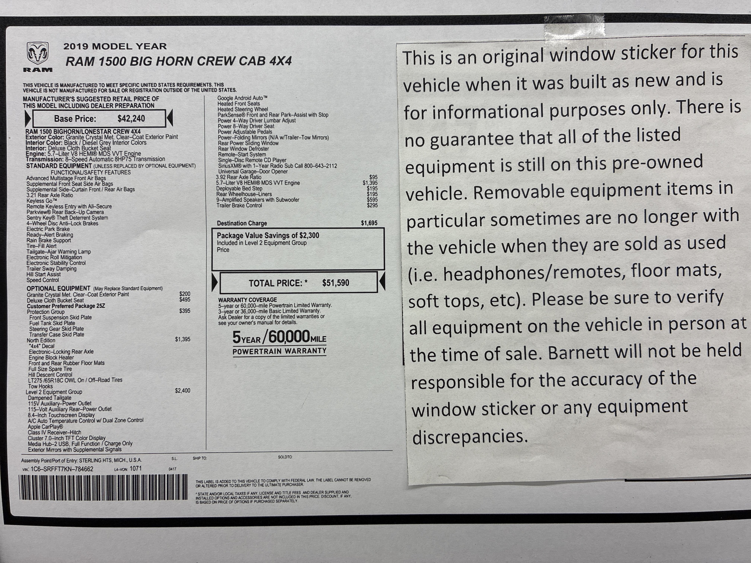 Used 2019 RAM Ram 1500 Pickup Big Horn/Lone Star with VIN 1C6SRFFT7KN784662 for sale in White Bear Township, Minnesota