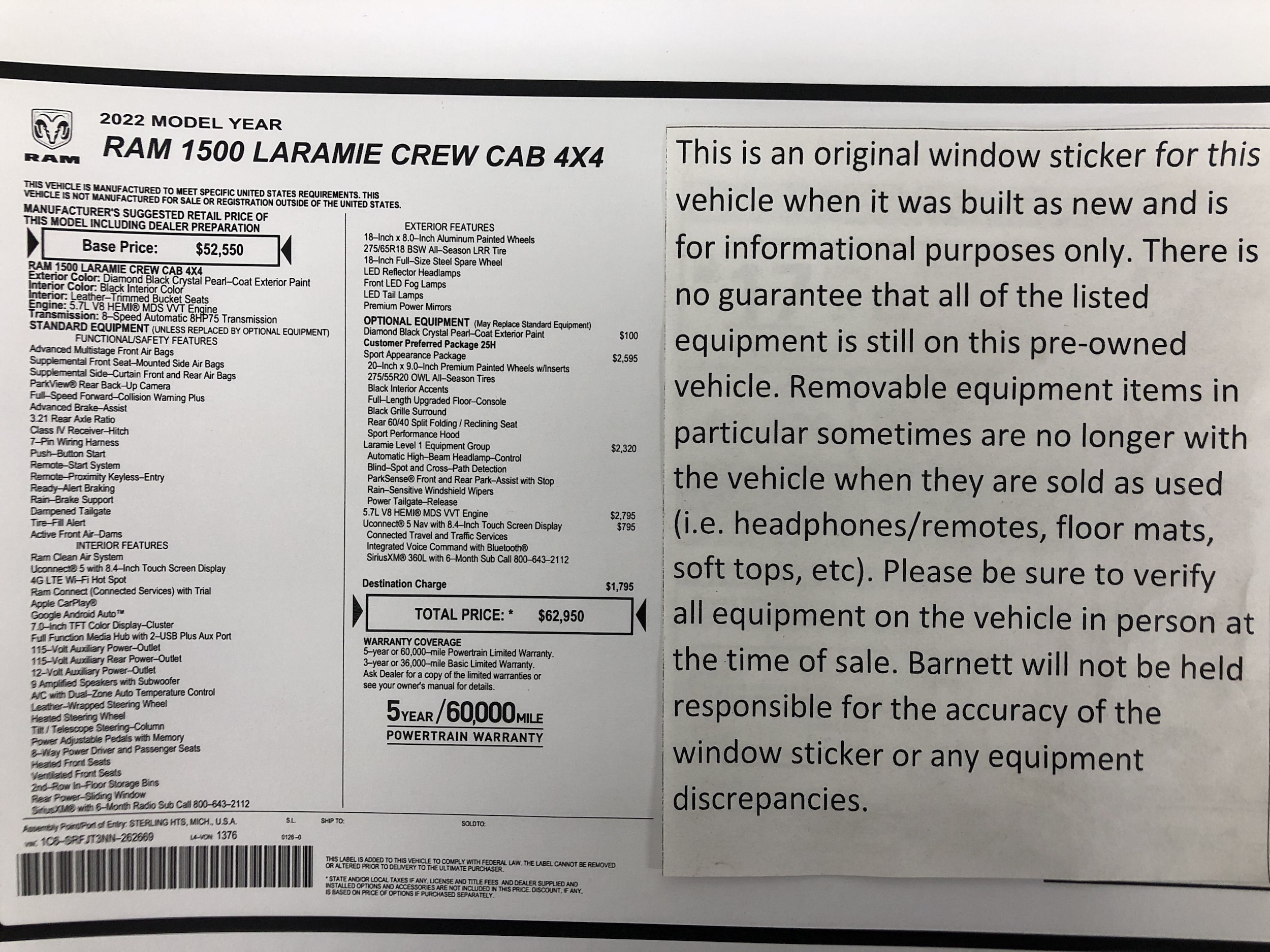 Used 2022 RAM Ram 1500 Pickup Laramie with VIN 1C6SRFJT3NN262669 for sale in White Bear Township, Minnesota