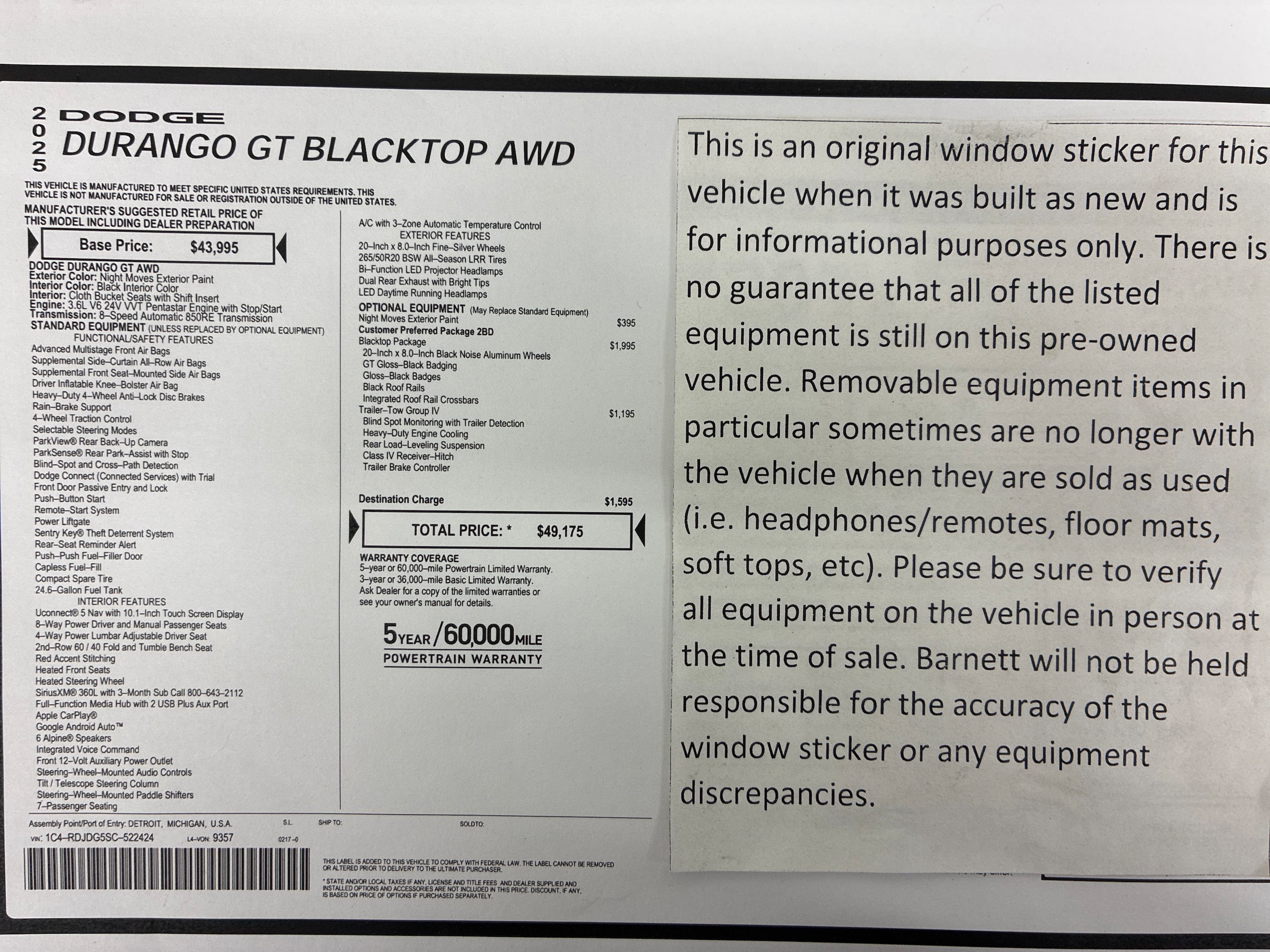 Used 2025 Dodge Durango GT with VIN 1C4RDJDG5SC522424 for sale in White Bear Lake, Minnesota
